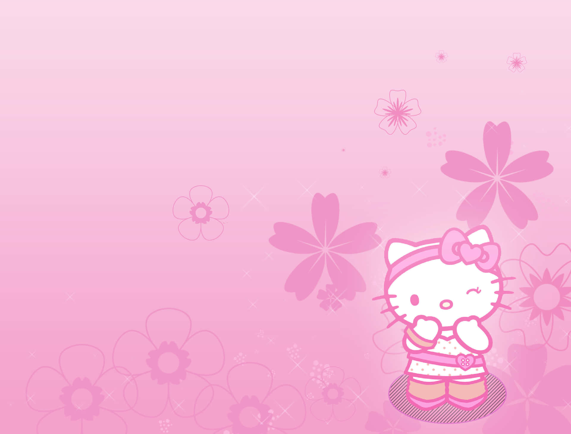 Hello Kitty 角色被粉紅色花朵和閃光包圍在漸變背景上。 — Hello Kitty 壁紙