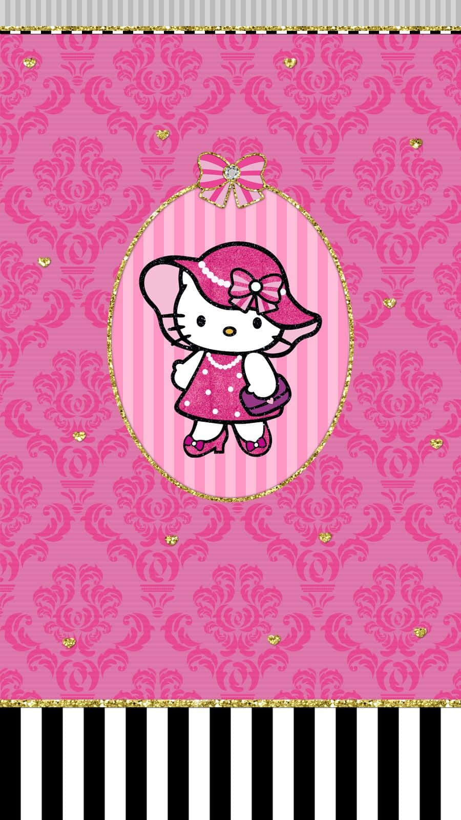  壁紙 — Hello Kitty 戴著粉紅色帽子和洋裝，鑲嵌在金色橢圓形框架中，背景是帶有黑白條紋邊框的錦緞壁紙。