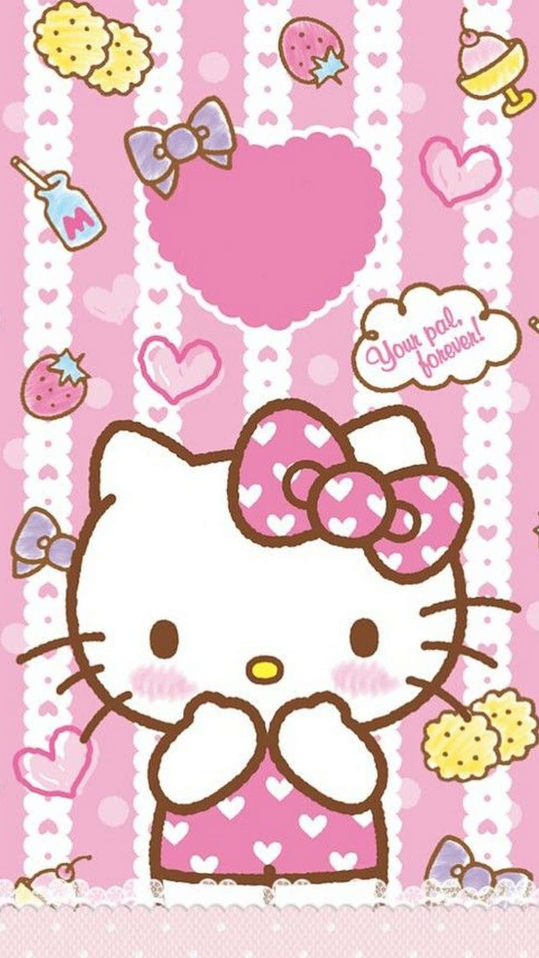  壁紙 — Hello Kitty 身穿粉紅色心形連衣裙，在帶有蕾絲條紋和散落糖果的粉彩粉紅色背景上合攏雙手。