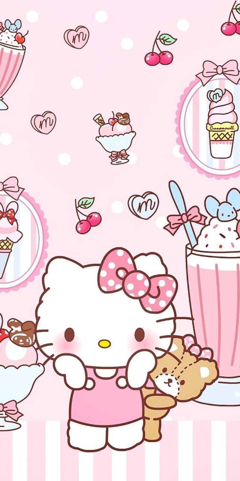  壁紙 — Hello Kitty 身穿粉紅色服裝，在圓點背景上抱著泰迪熊，周圍環繞著冰淇淋甜點和櫻桃。