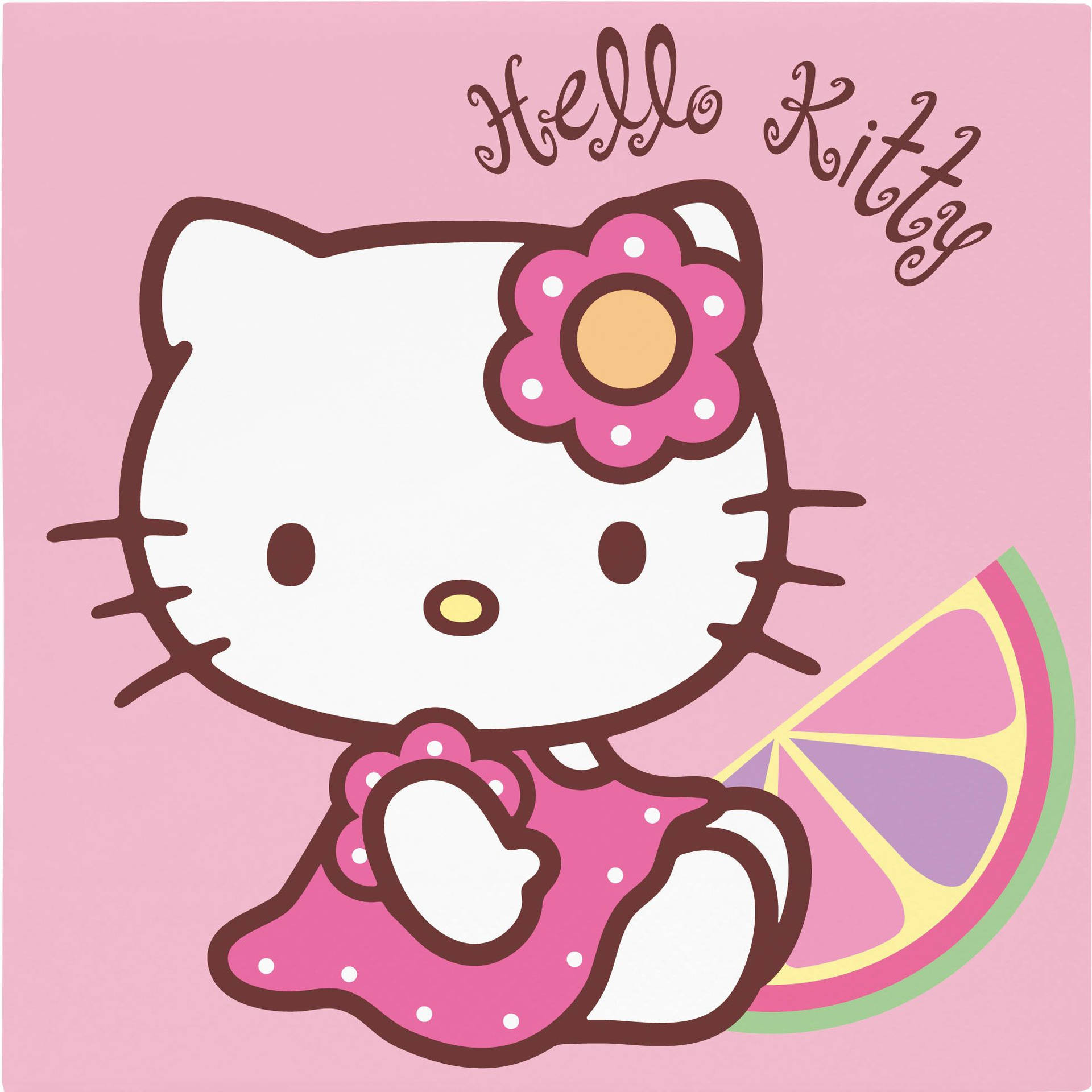 Hello Kitty 身穿粉紅色圓點連衣裙，拿著一片柑橘類水果。 — Hello Kitty 壁紙