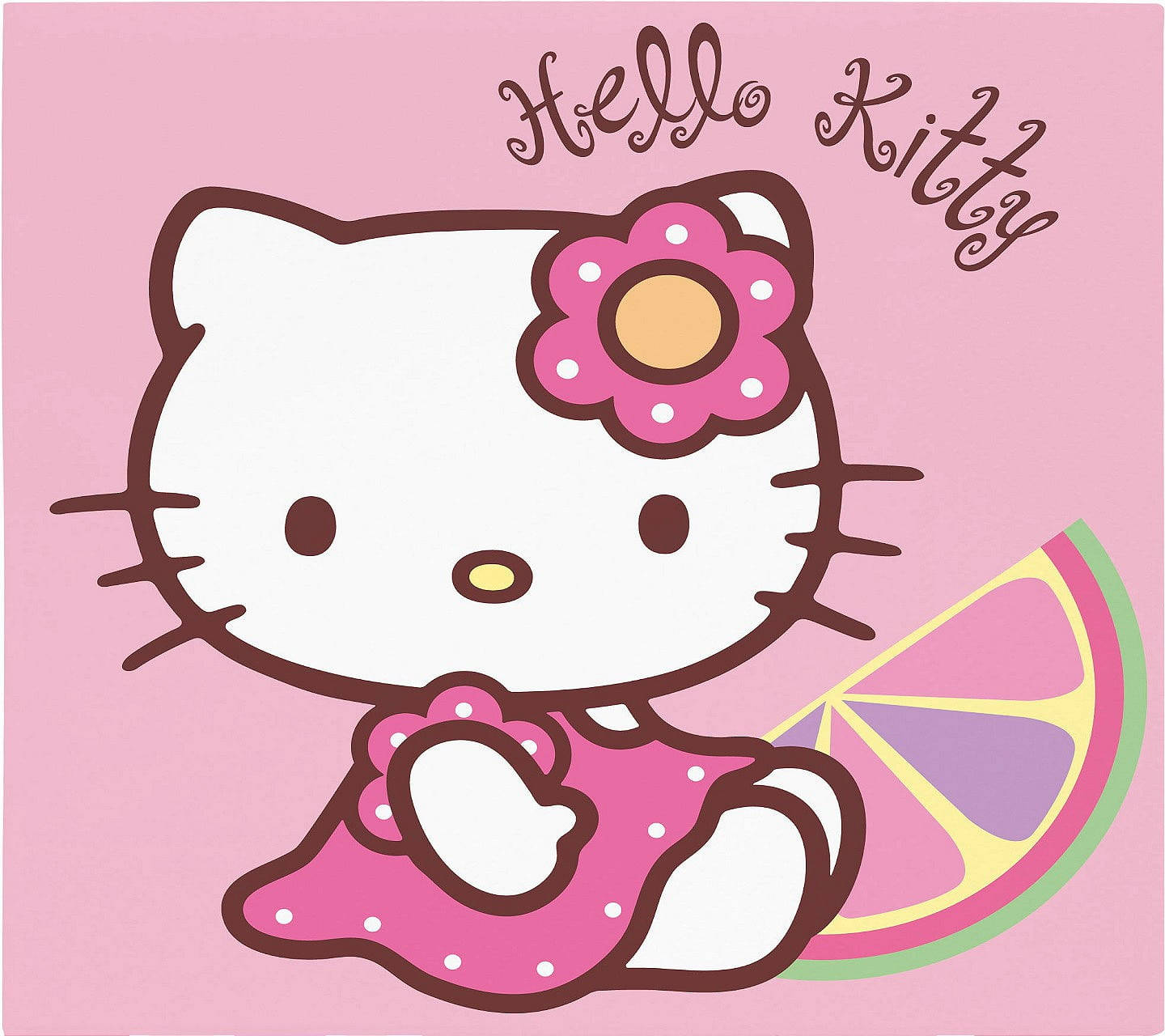 Hello Kitty 身穿粉紅色圓點連衣裙，拿著一片檸檬。 — Sanrio 壁紙