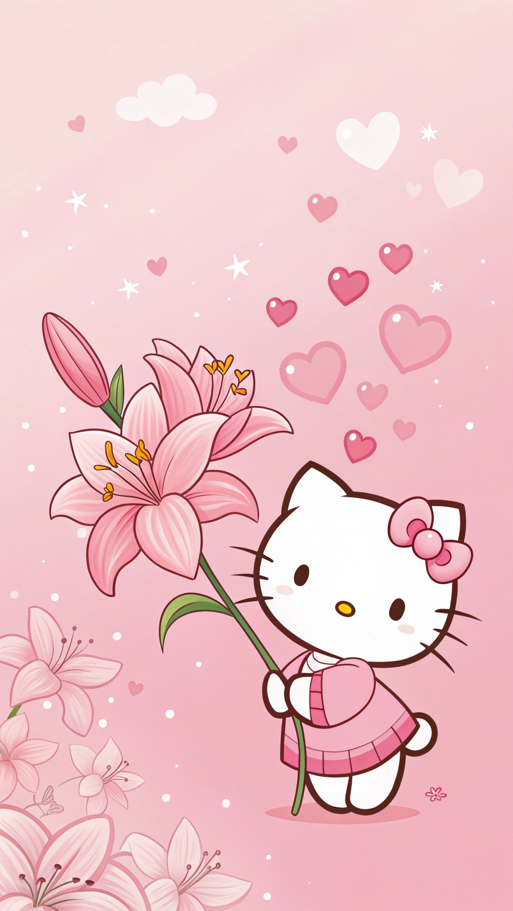 Hello Kitty 在粉紅色背景上被愛心和星星環繞，手持粉紅色百合花 — Sanrio 壁紙