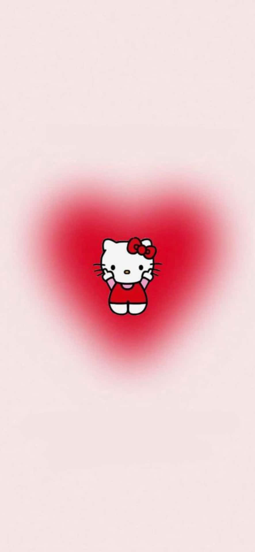  壁紙 — Hello Kitty 身穿紅色連衣裙，站在淡粉色背景上柔和發光的紅色心形中央。