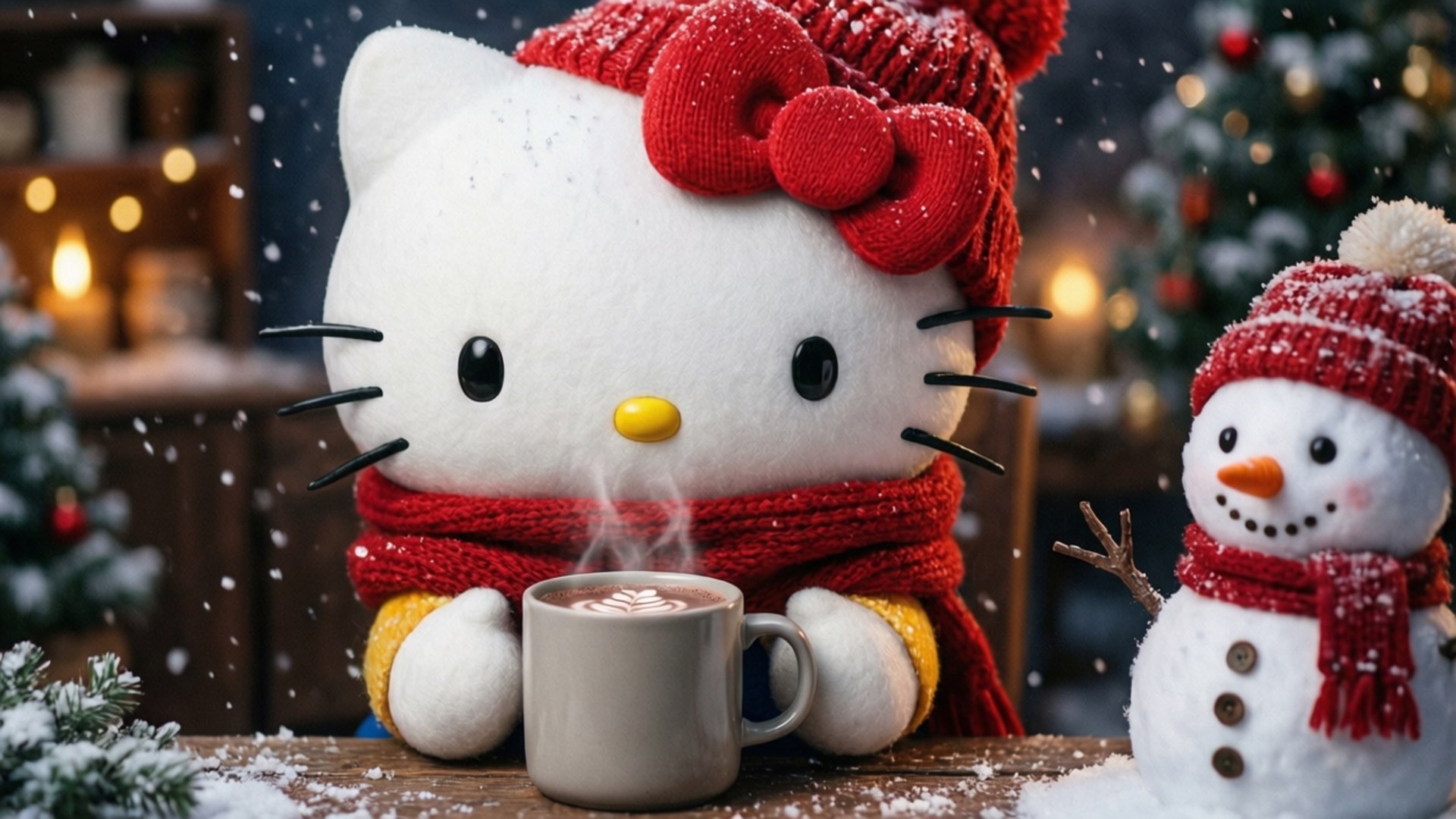 Hello Kitty 和雪人穿著冬季服裝，在飄雪的聖誕樹旁享受熱可可。 — Hello Kitty 壁紙