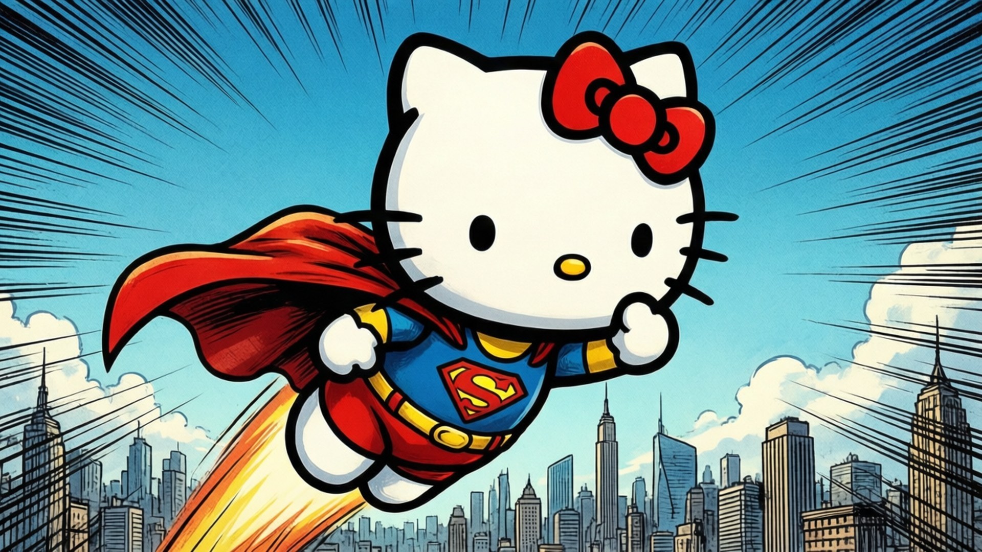 Hello Kitty 穿著超人服裝飛越城市，紅色斗篷和火箭靴 — Hello Kitty 壁紙