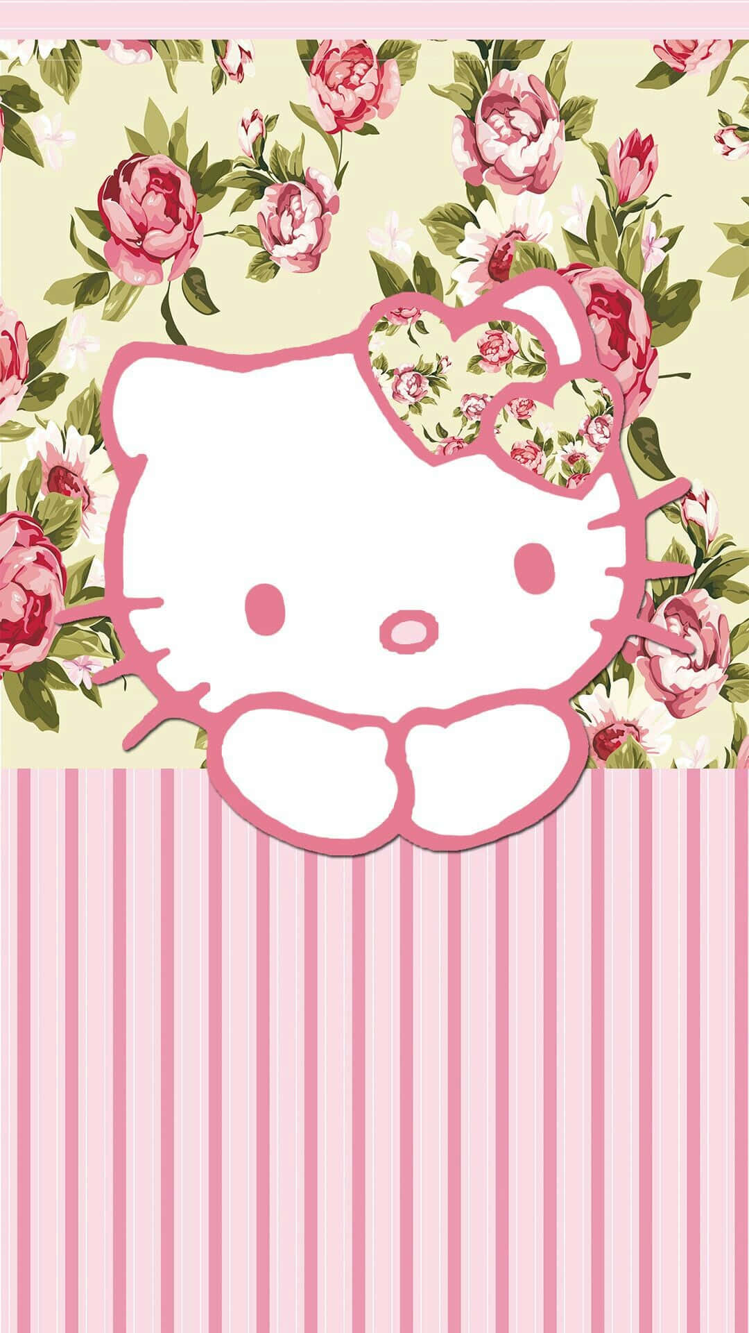  壁紙 — Hello Kitty 剪影，帶有花卉蝴蝶結，背景為粉紅條紋和玫瑰圖案。