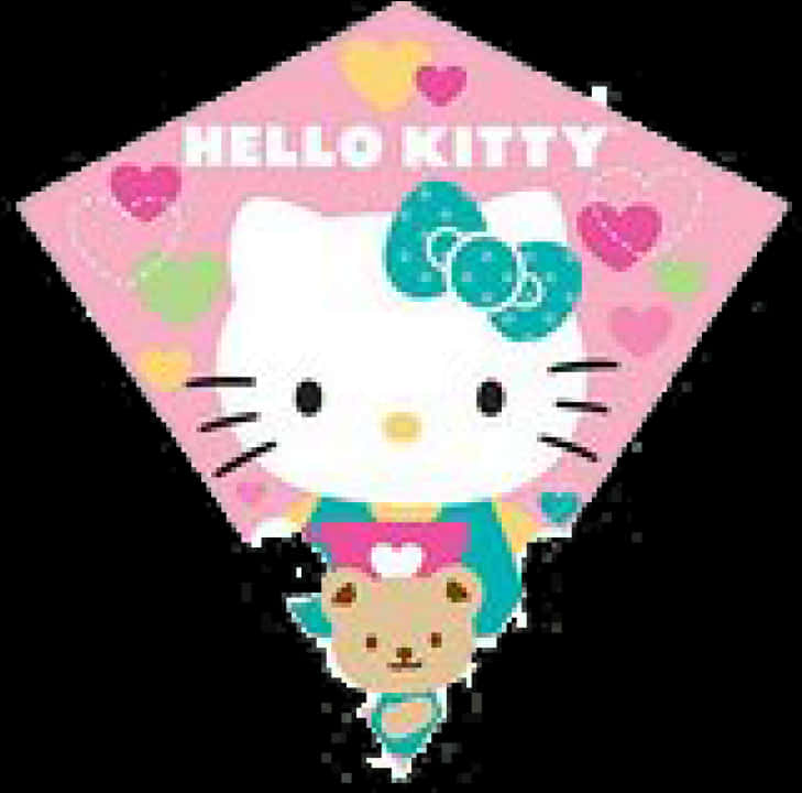 Hello Kitty 帶有青綠色蝴蝶結和泰迪熊，被色彩繽紛的心形包圍。 — Hello Kitty 壁紙