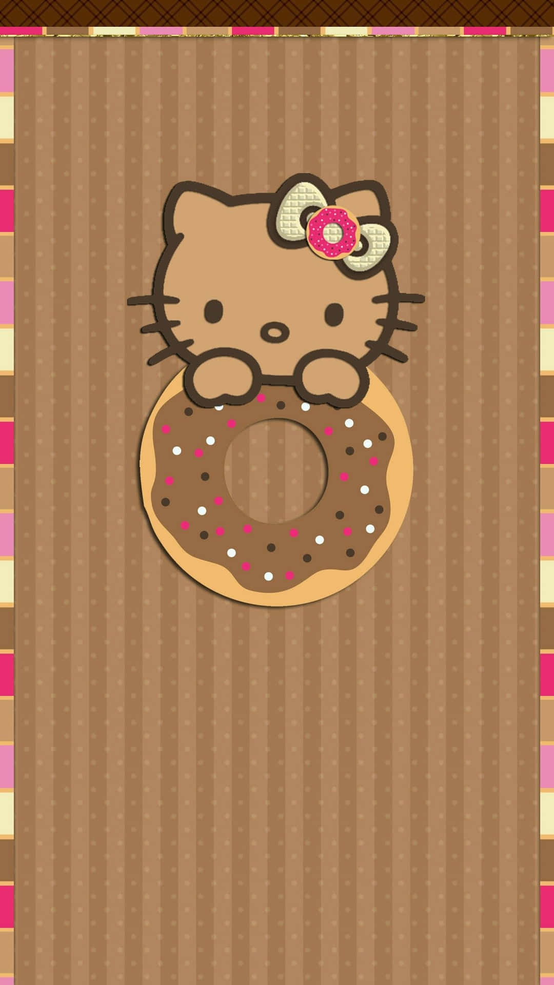  壁紙 — Hello Kitty 卡通角色在條紋棕色背景上從巧克力碎甜甜圈上方探出頭來。