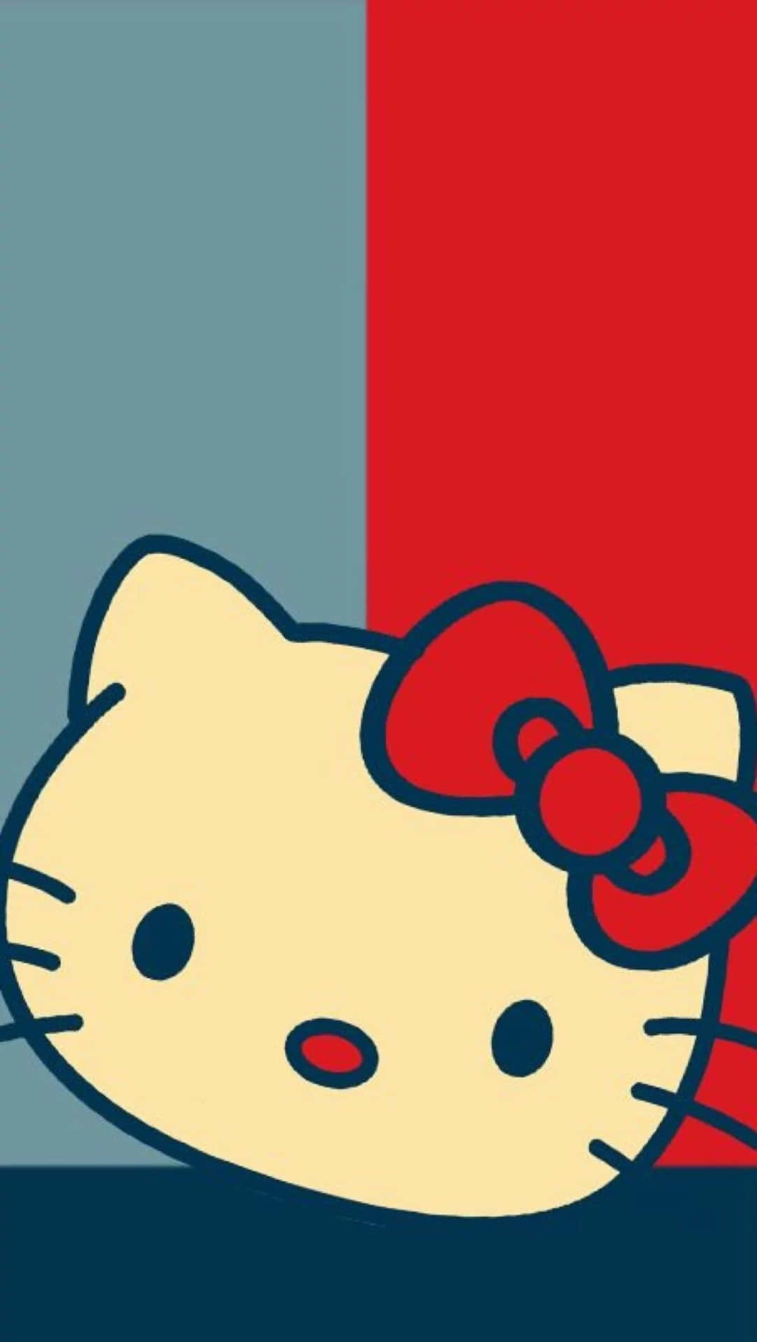  壁紙 — Hello Kitty 開心的臉龐從大膽的紅色和藍綠色分割背景後探出，帶著她標誌性的蝴蝶結。