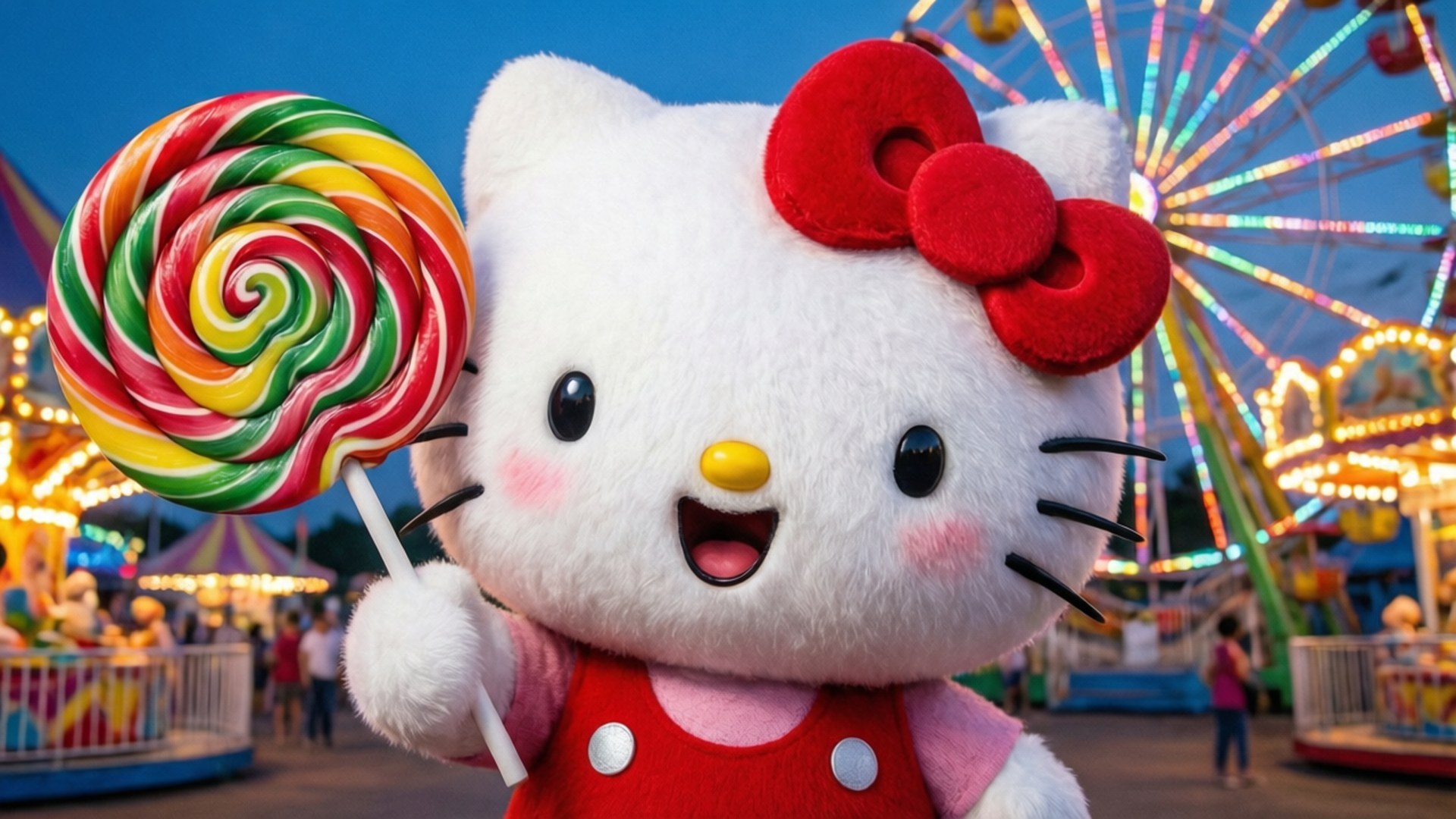 Hello Kitty 吉祥物在夜間嘉年華中手持巨型彩虹棒棒糖。 — Hello Kitty 壁紙