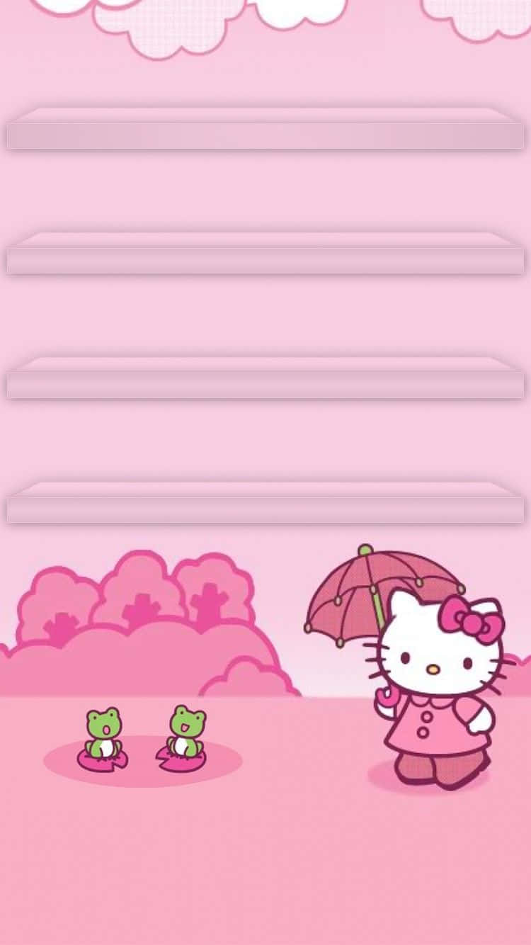 Hello Kitty 在粉紅色雲朵下，靠近船上青蛙，拿著雨傘。 — Hello Kitty 壁紙