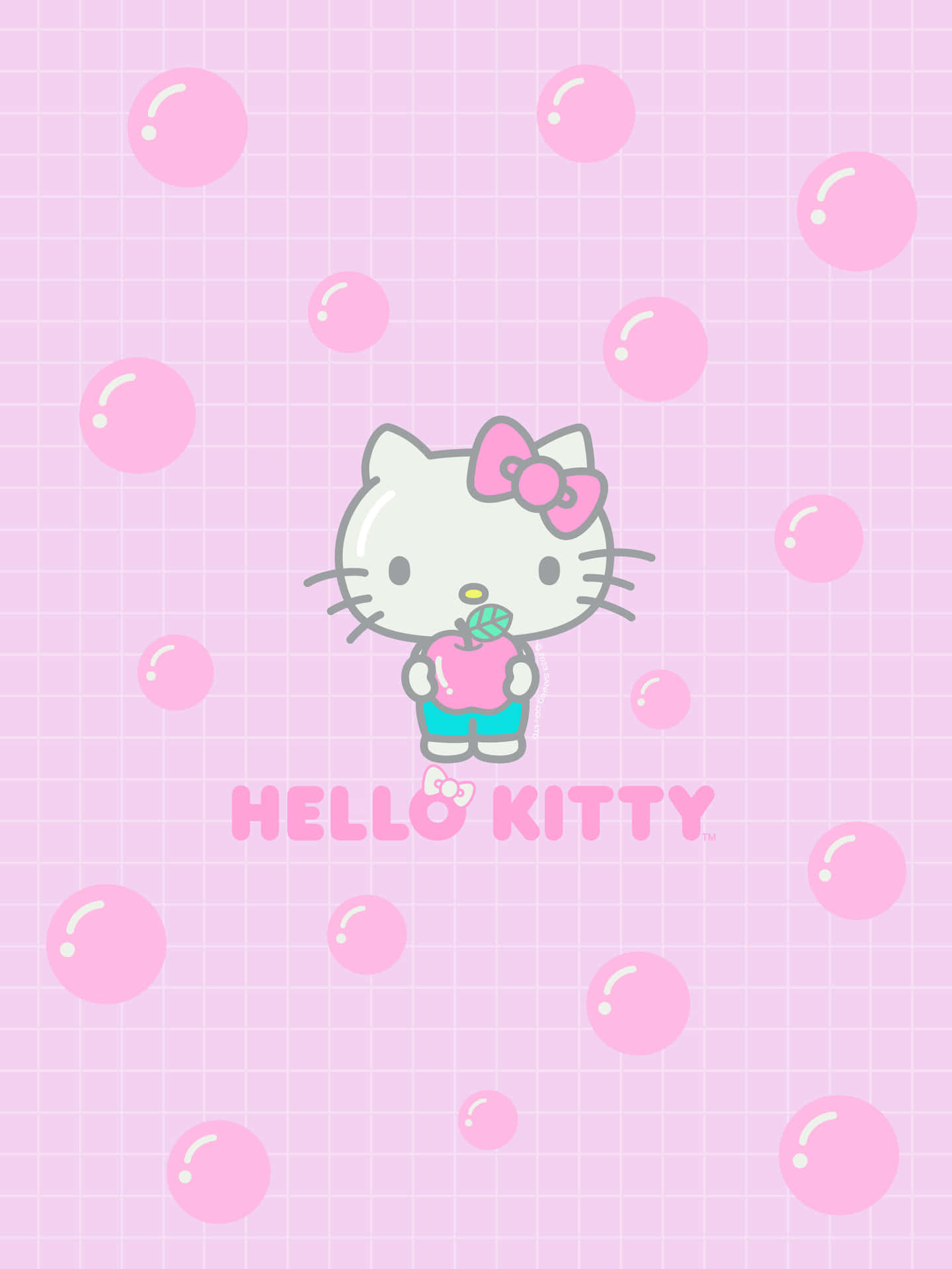  壁紙 — Hello Kitty 拿著一個粉紅色的蘋果，背景是淺粉紅色的網格和漂浮的氣泡。