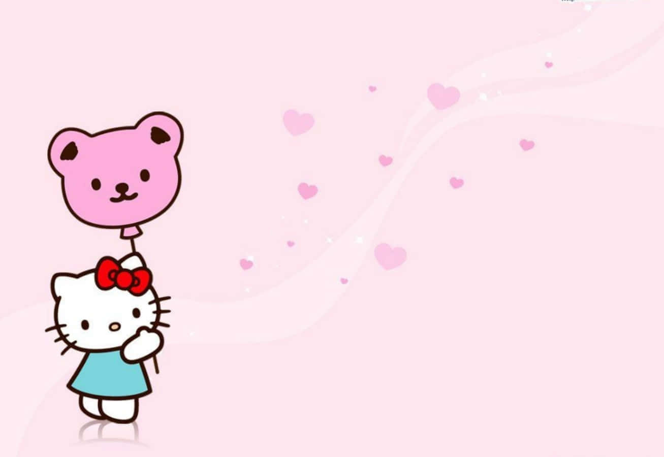  壁紙 — Hello Kitty 拿著一個粉紅色泰迪熊氣球，愛心在柔和的粉紅色背景上飄走。