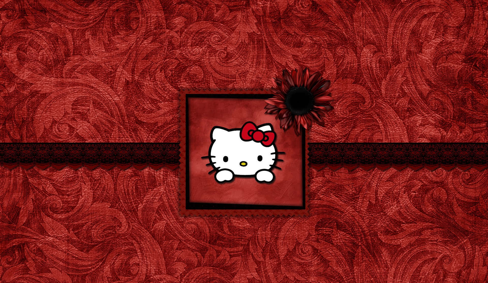 壁紙 — Hello Kitty 從一個帶框的紅色面板中探出頭來，背景是帶有黑色花朵點綴的華麗深紅色壁紙。