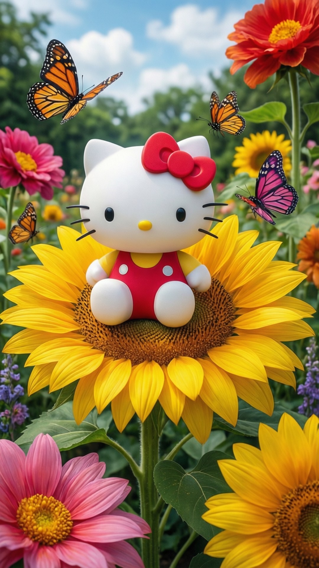 Hello Kitty 絨毛玩具坐在向日葵上，與蝴蝶和色彩繽紛的花朵在花園中。 — Hello Kitty 壁紙