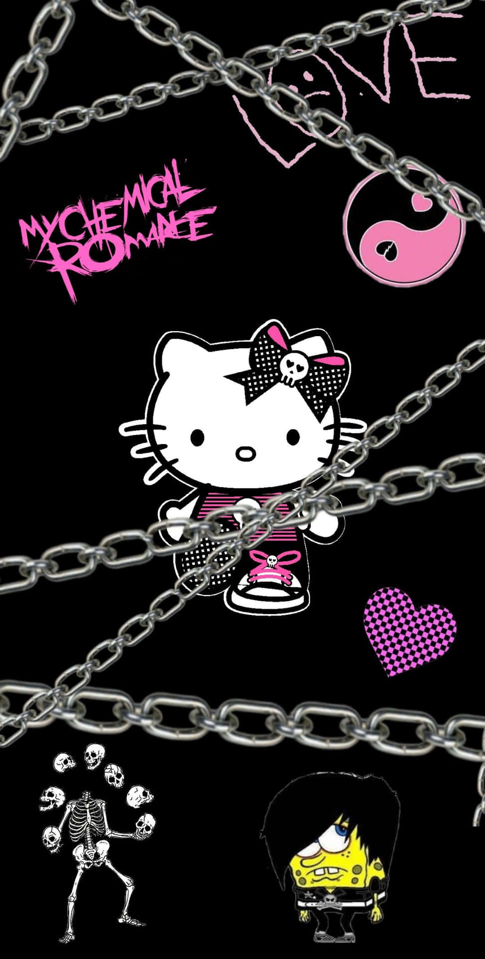 帶有鏈條、骷髏頭和My Chemical Romance文字的龐克Hello Kitty角色。 — Hello Kitty 壁紙