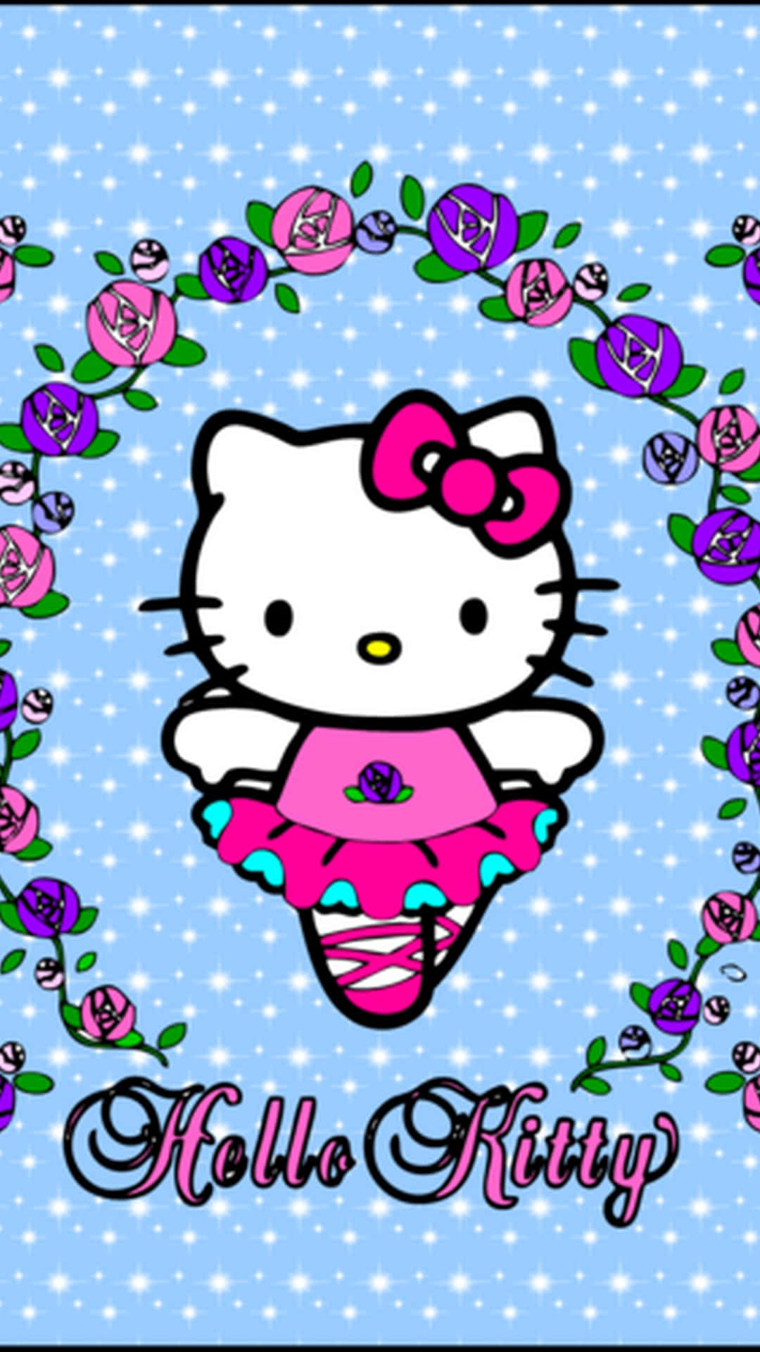  壁紙 — Hello Kitty 身穿粉紅色芭蕾舞服裝，被粉紅色和紫色玫瑰環繞，背景是閃閃發光的藍色。