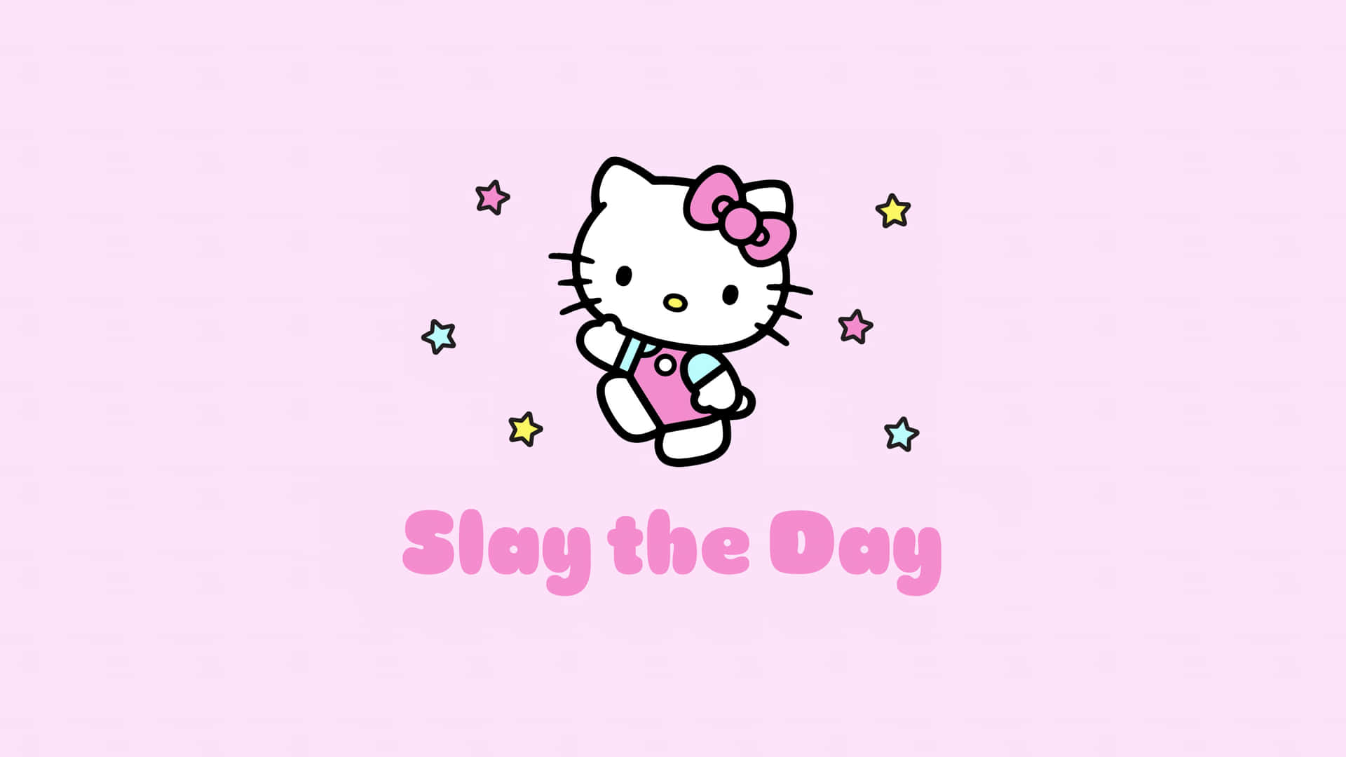  壁紙 — Hello Kitty 身穿粉紅色服裝，被彩色星星包圍，在粉紅色背景上有「Slay the Day」文字。