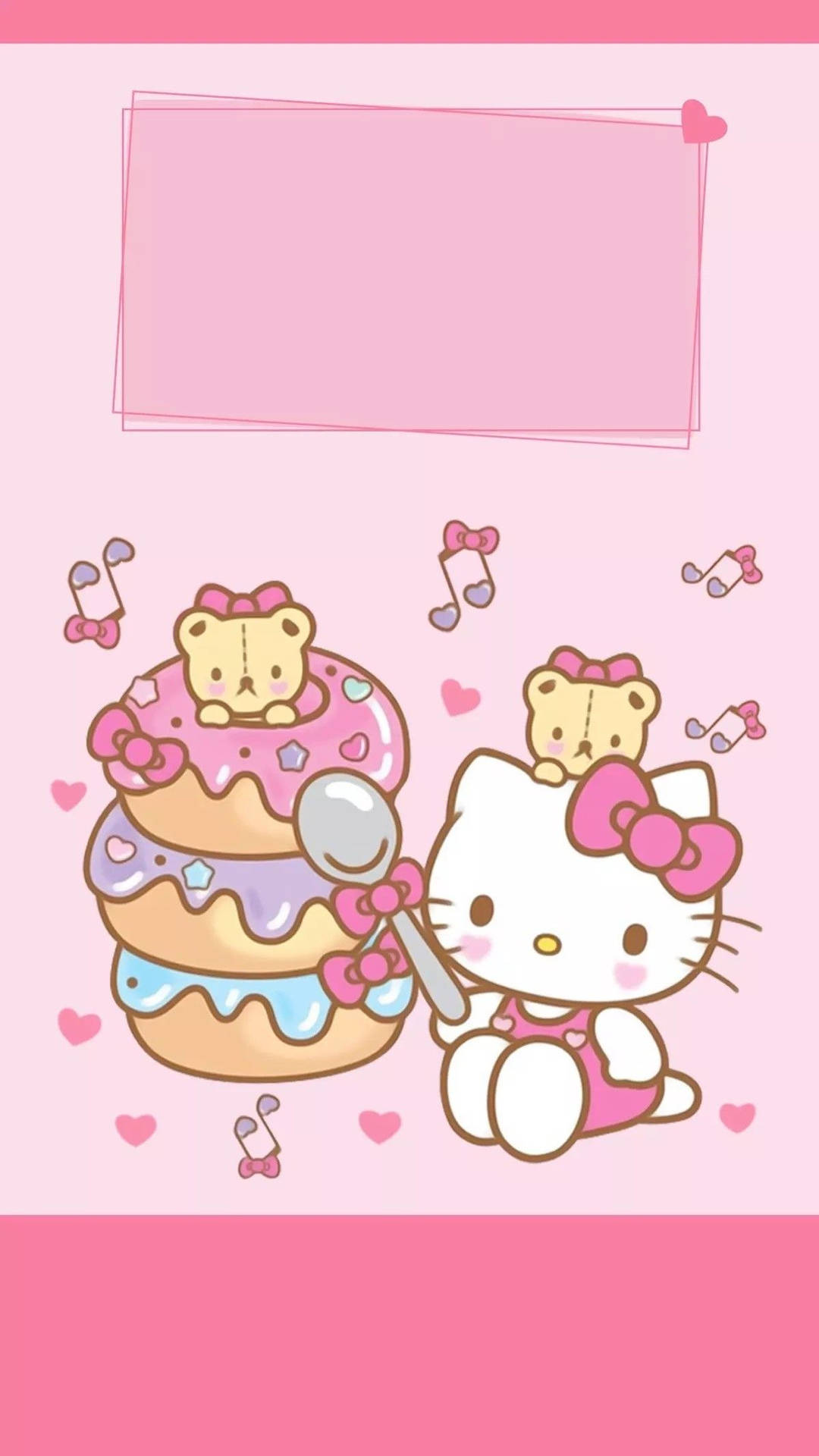 Hello Kitty 拿著湯匙站在有泰迪熊和音符的蛋糕旁邊。 — Hello Kitty 壁紙