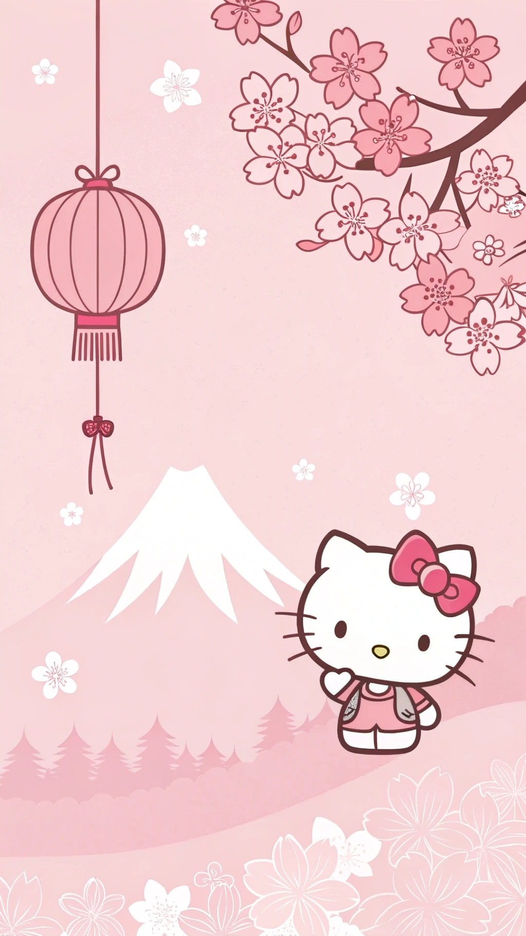 Hello Kitty 身穿粉紅色和服，在櫻花下，背景有富士山和掛燈。 — 富士山 壁紙