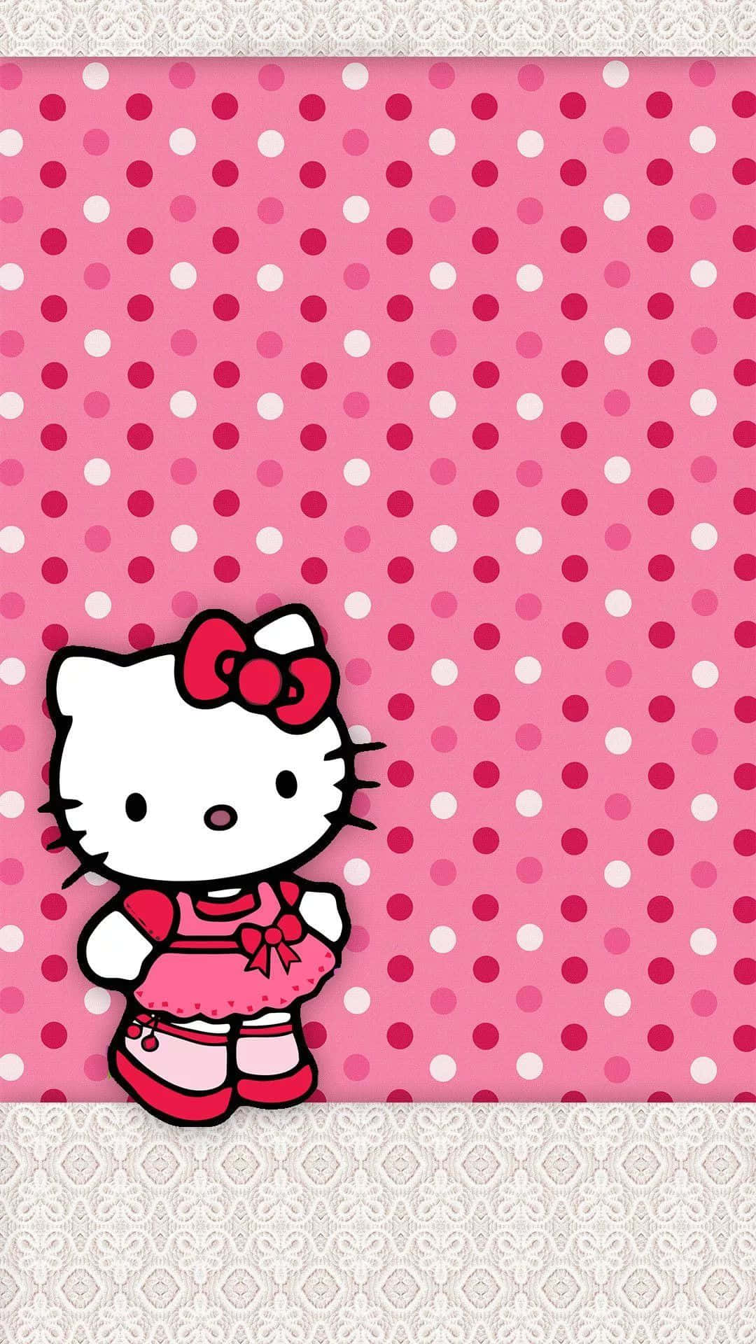  壁紙 — Hello Kitty 身穿粉紅色連衣裙，站在帶有圓點和蕾絲邊的圖案壁紙上。