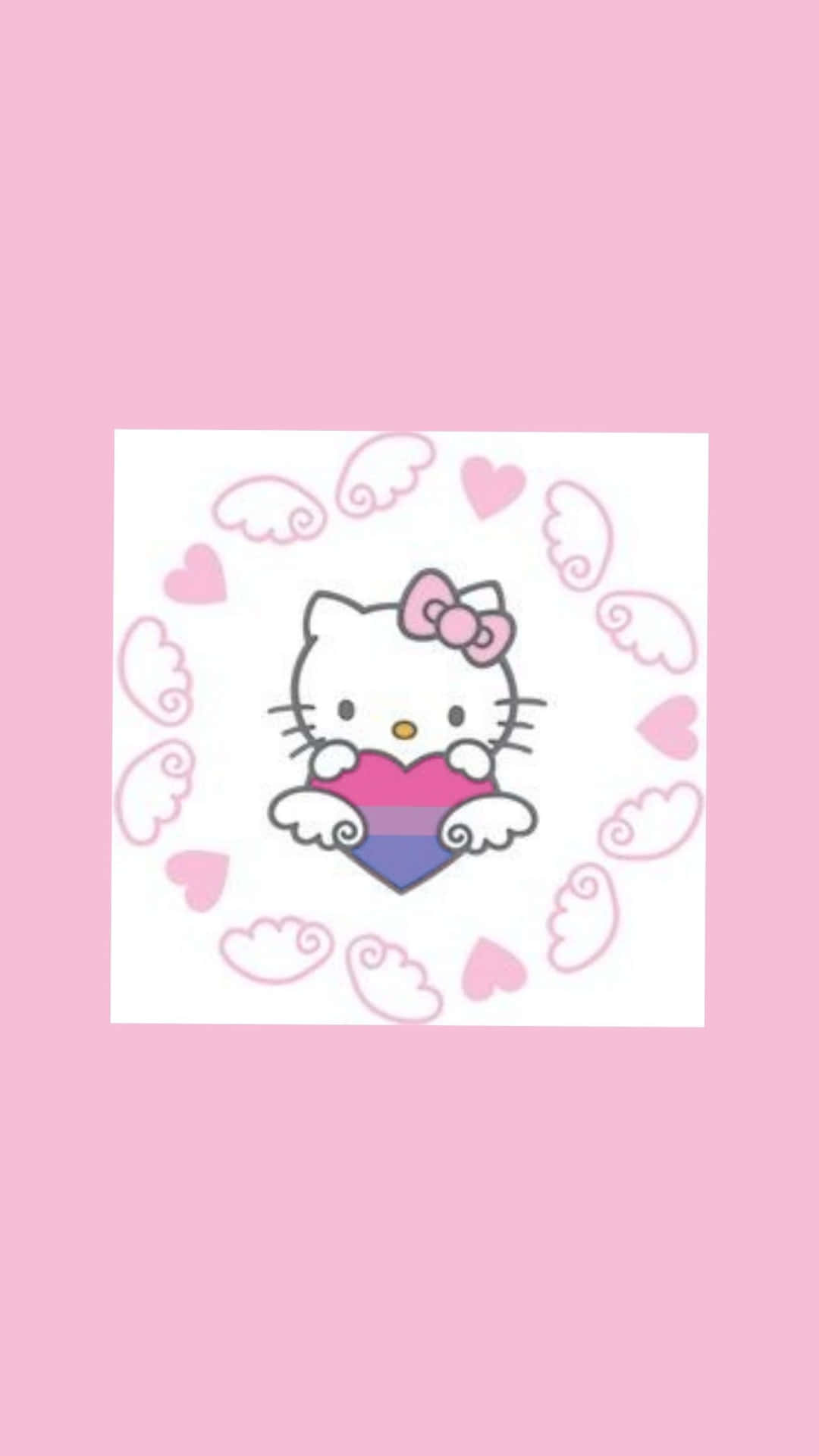  壁紙 — Hello Kitty 手持一個粉紅色和紫色的心，周圍環繞著心形和雲朵，背景是柔和的粉紅色。