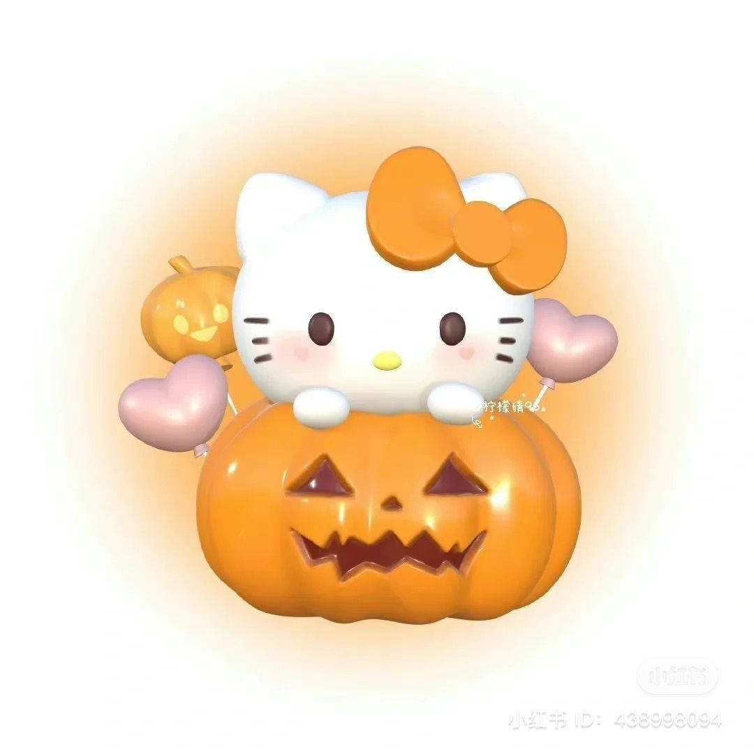 Hello Kitty 棲息在南瓜燈上，粉紅色心形氣球溫暖地發光。 — Hello Kitty 壁紙