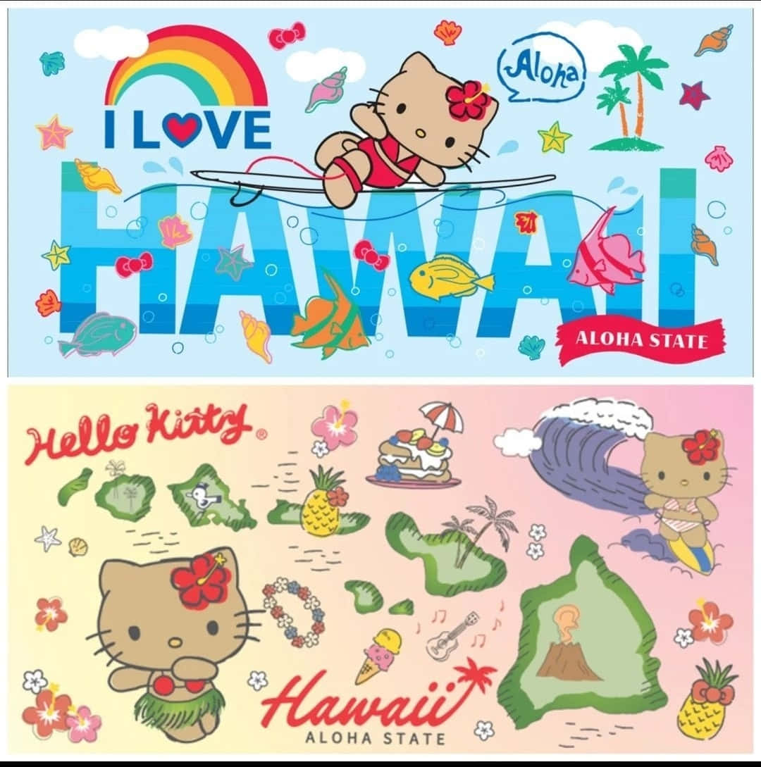  壁紙 — Hello Kitty 在充滿活力的夏威夷主題插圖中衝浪和跳舞，配有彩虹魚和熱帶島嶼。