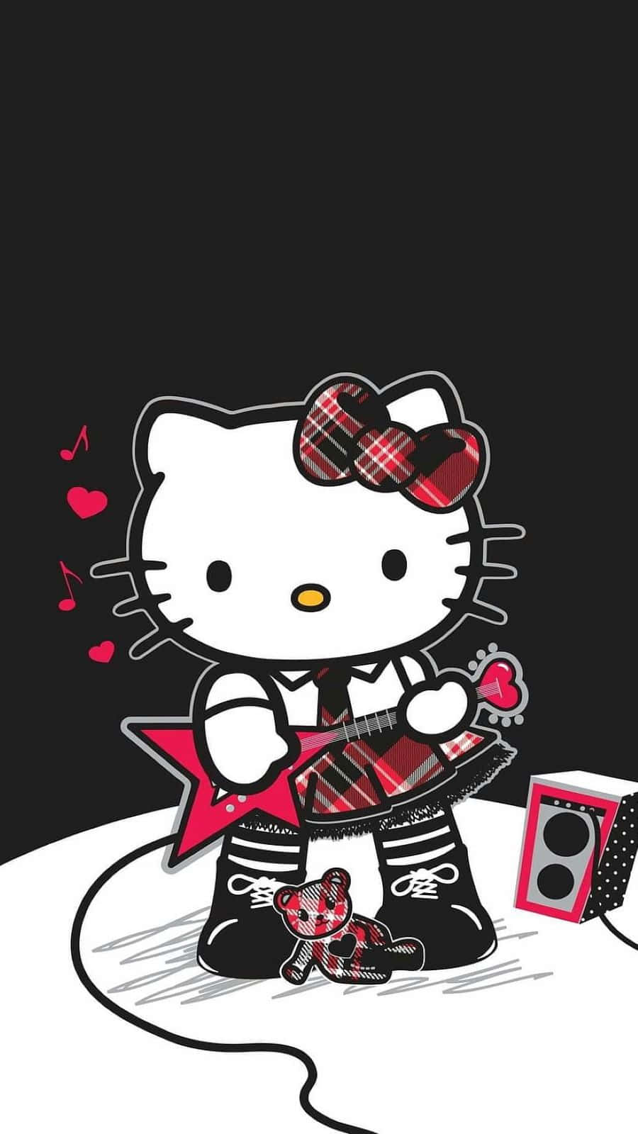  壁紙 — Hello Kitty 彈奏紅色格子吉他，心形和音符在她周圍飄浮，背景為黑色。