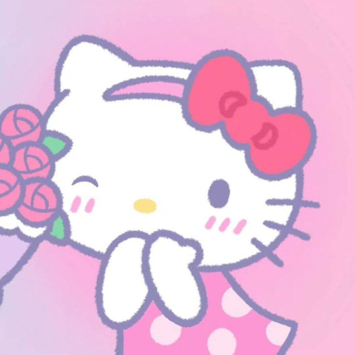 Hello Kitty 手持粉紅玫瑰，表情開心。 — Hello Kitty 壁紙