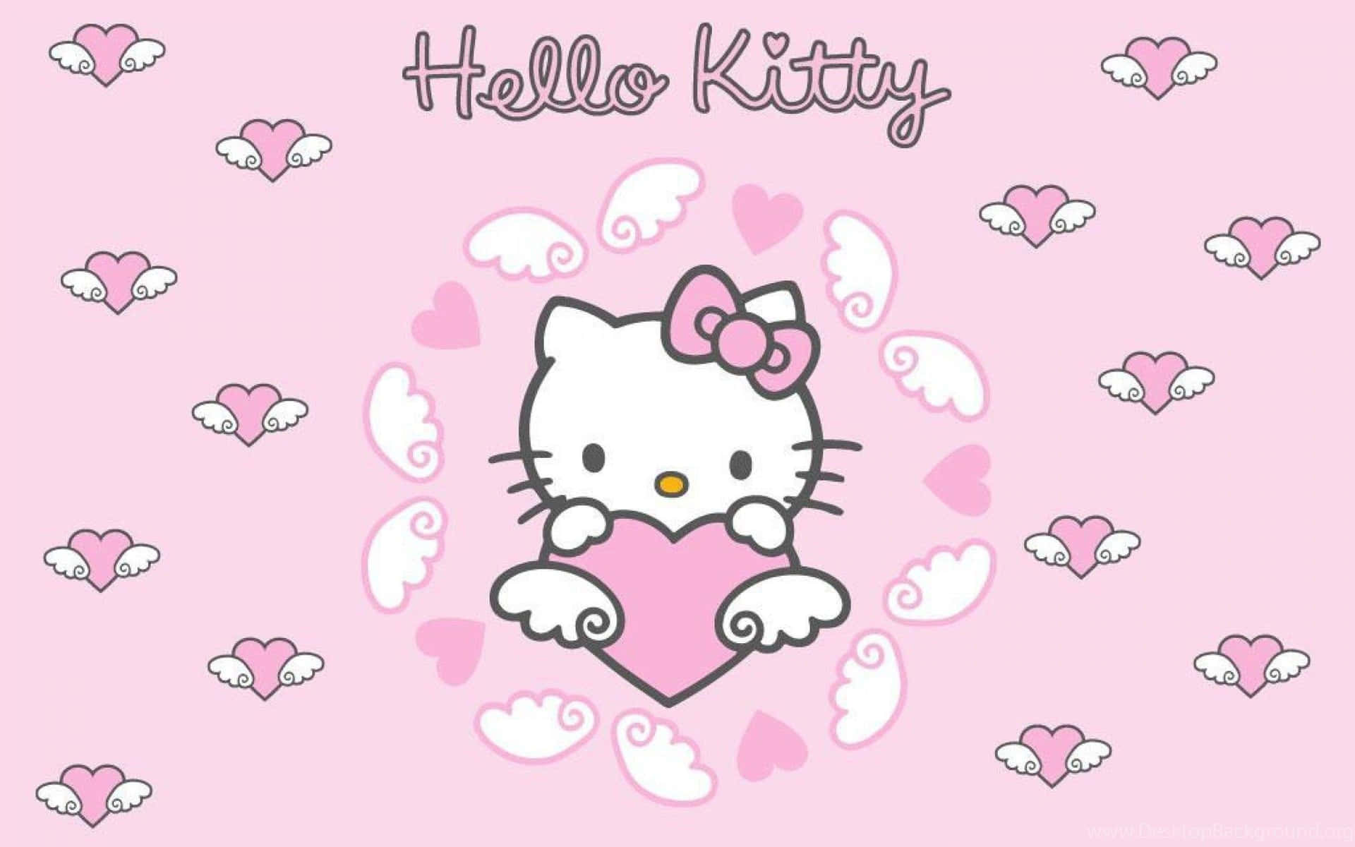 Hello Kitty 在粉紅色背景上手持一個帶有天使翅膀和漂浮心形的心形。 — Hello Kitty 壁紙