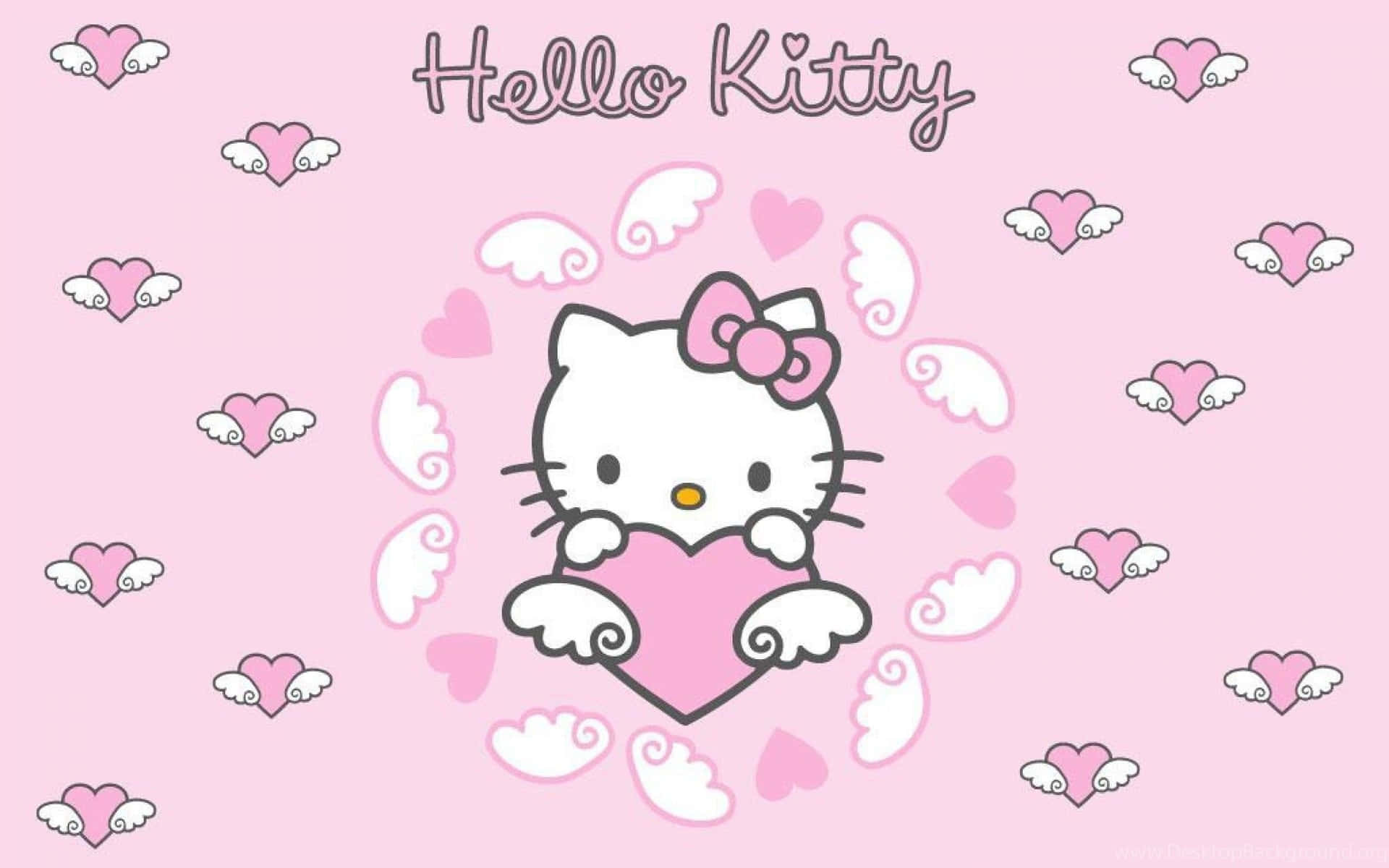 Hello Kitty 帶著天使翅膀，手持一個被漂浮的心形包圍的粉紅色心形。 — Hello Kitty 壁紙