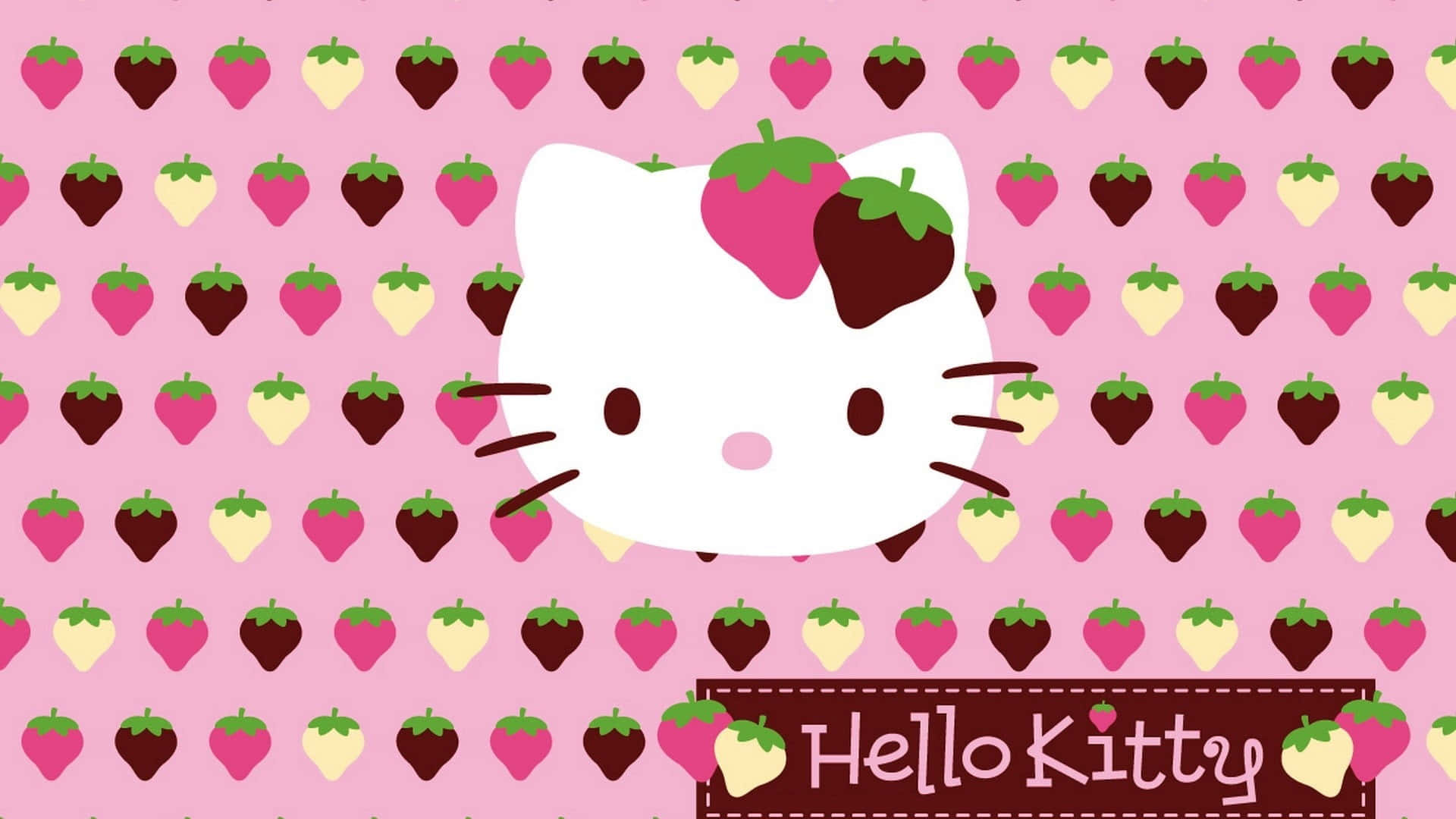 Hello Kitty 戴著草莓髮飾，在粉紅色草莓圖案背景上。 — Hello Kitty 壁紙