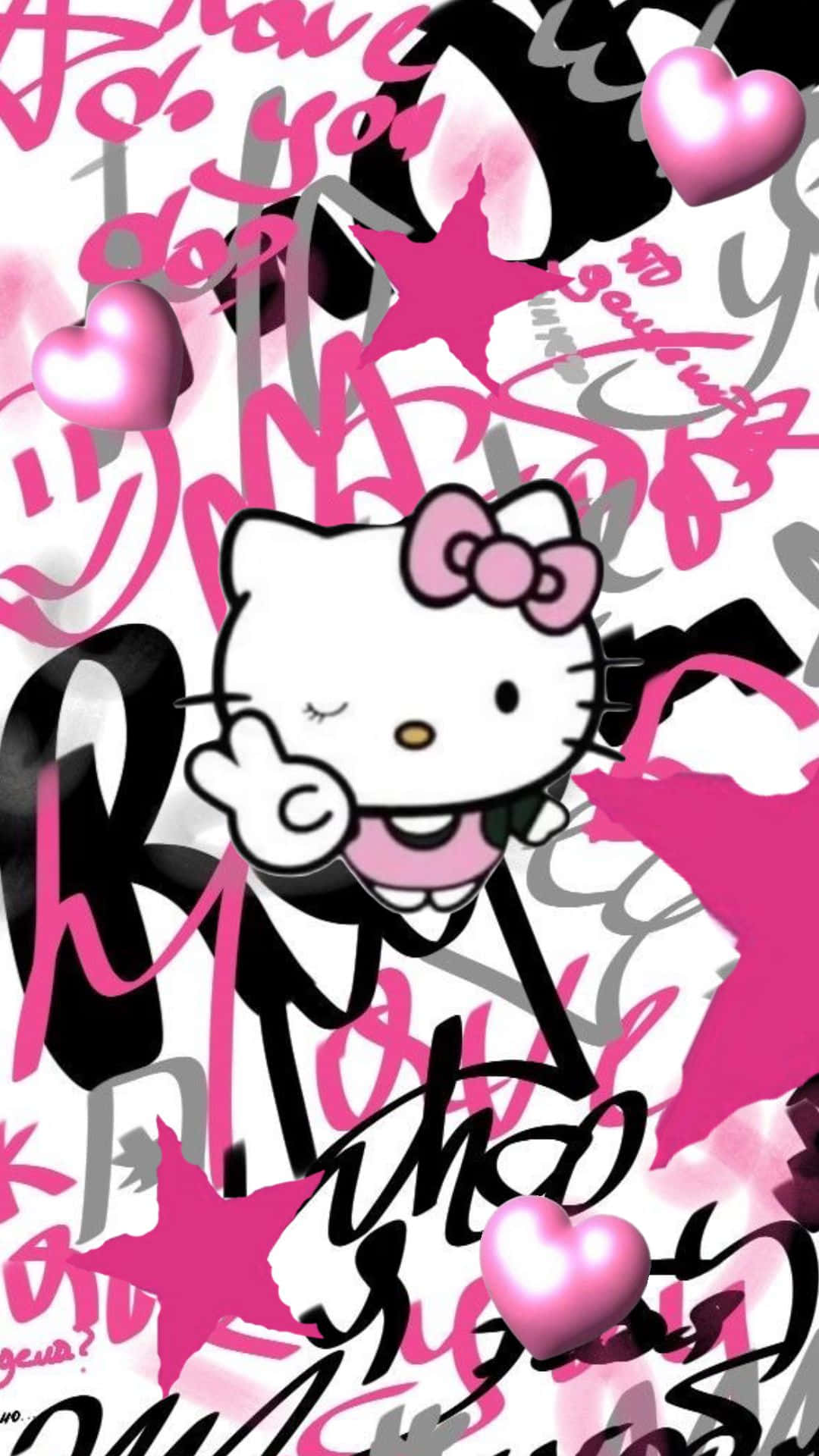  壁紙 — Hello Kitty 以大膽的塗鴉風格呈現，帶有粉紅色愛心和塗鴉文字，背景為白色。