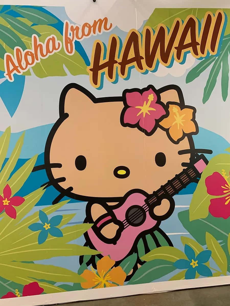  壁紙 — Hello Kitty 在 'Aloha from HAWAII' 文字下，在熱帶花卉和棕櫚葉中彈奏粉紅色烏克麗麗。