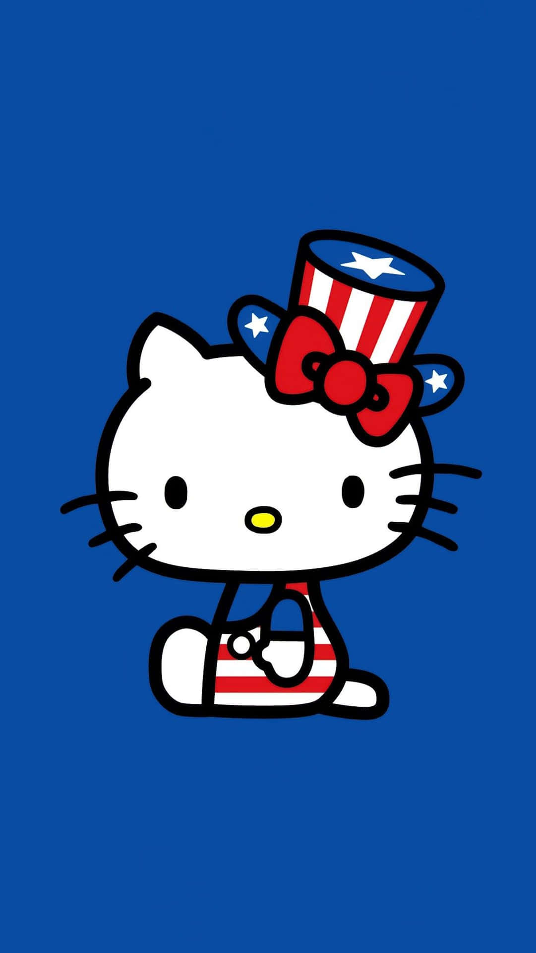  壁紙 — Hello Kitty 在純藍色背景上戴著愛國的高帽和蝴蝶結。