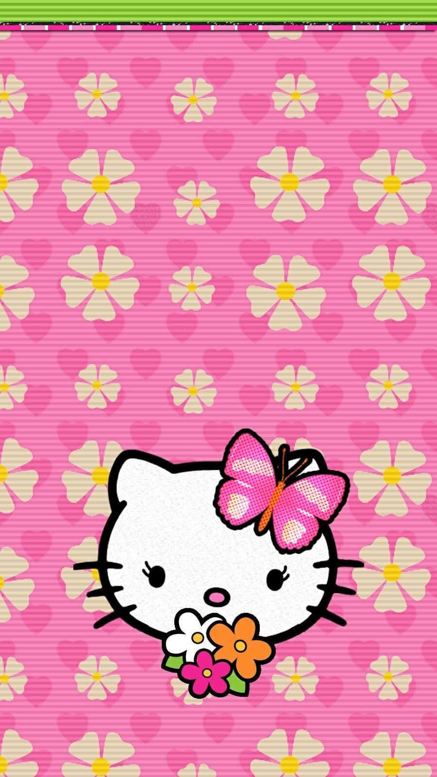  壁紙 — Hello Kitty 在帶有重複花卉和心形圖案的粉紅色背景上，手持一束色彩繽紛的花束。