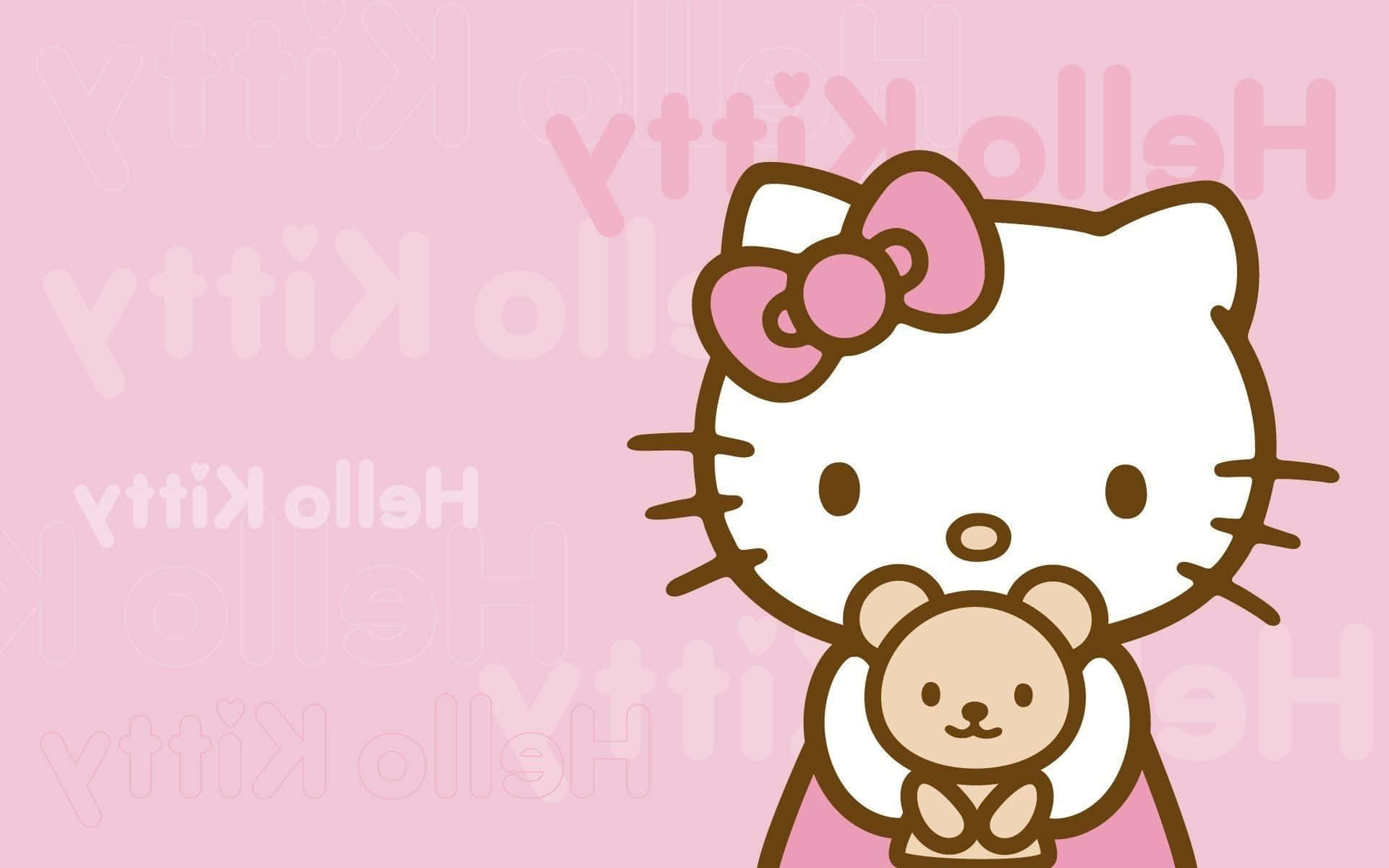 Hello Kitty 在粉紅色背景上抱著泰迪熊，帶有淡色重複文字。 — Sanrio 壁紙