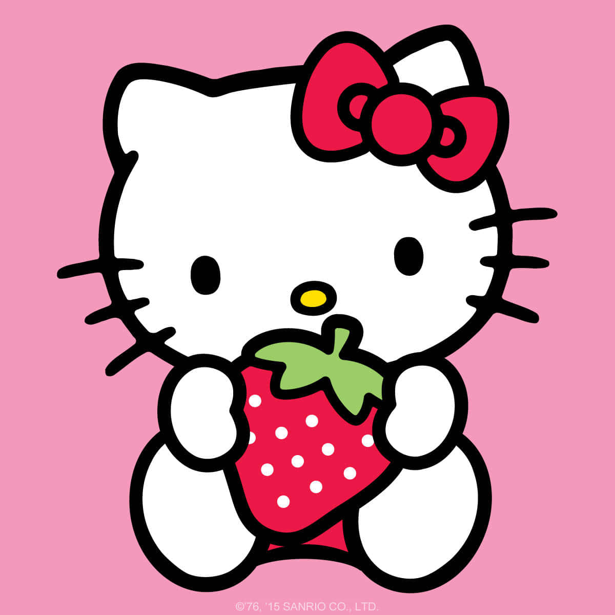 Hello Kitty 在粉紅色背景上拿著草莓，戴著紅色蝴蝶結。 — Hello Kitty 壁紙