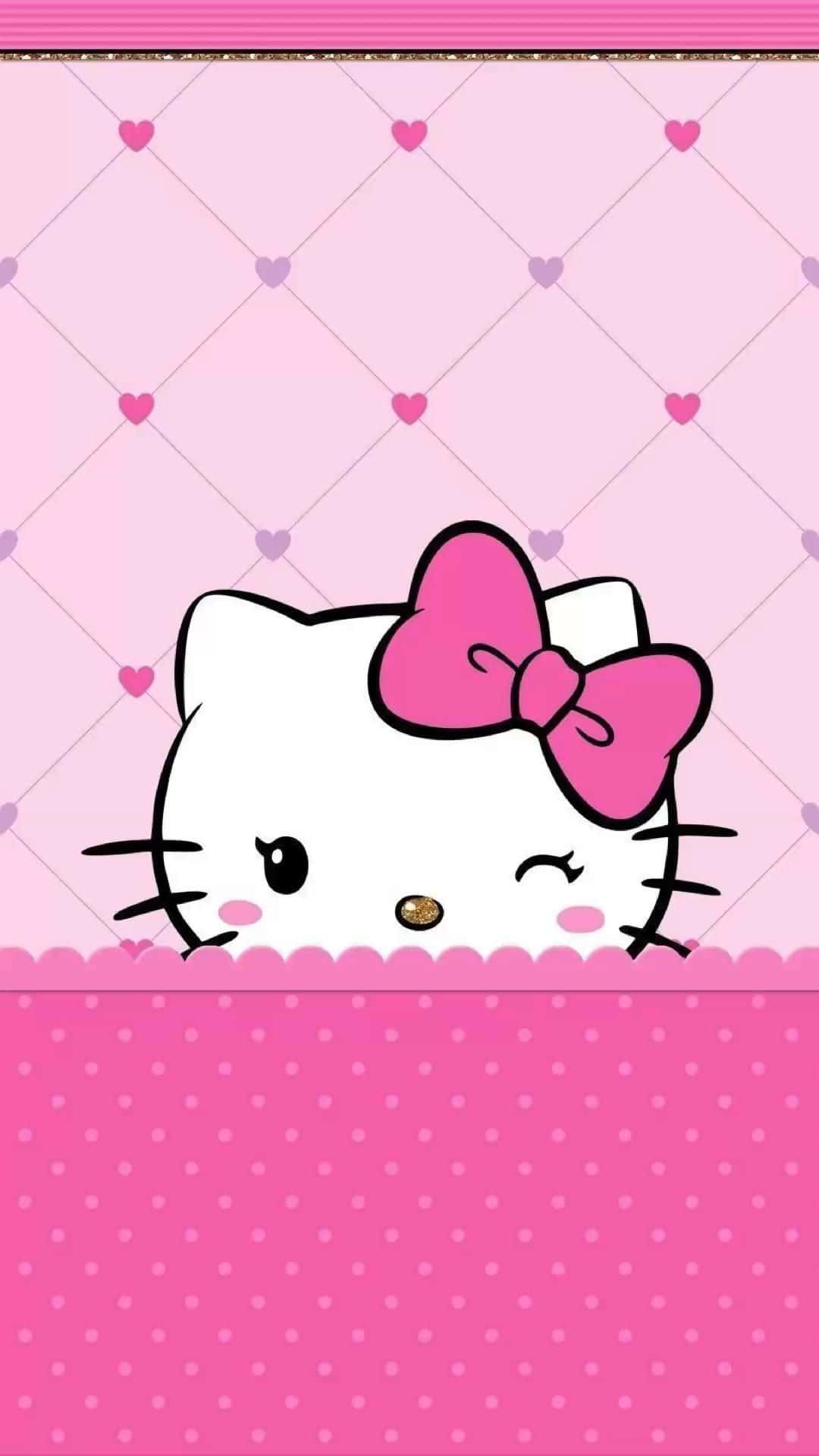  壁紙 — Hello Kitty 在粉紅色波點邊框上方，於有愛心圖案的絎縫粉紅色背景上偷看。