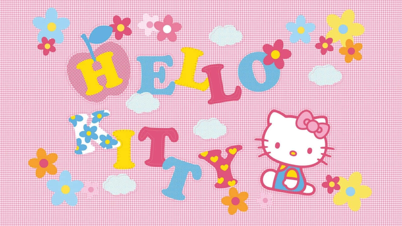  壁紙 — Hello Kitty 在粉紅色格紋背景上，開心地坐在色彩繽紛的花朵和雲朵之間。