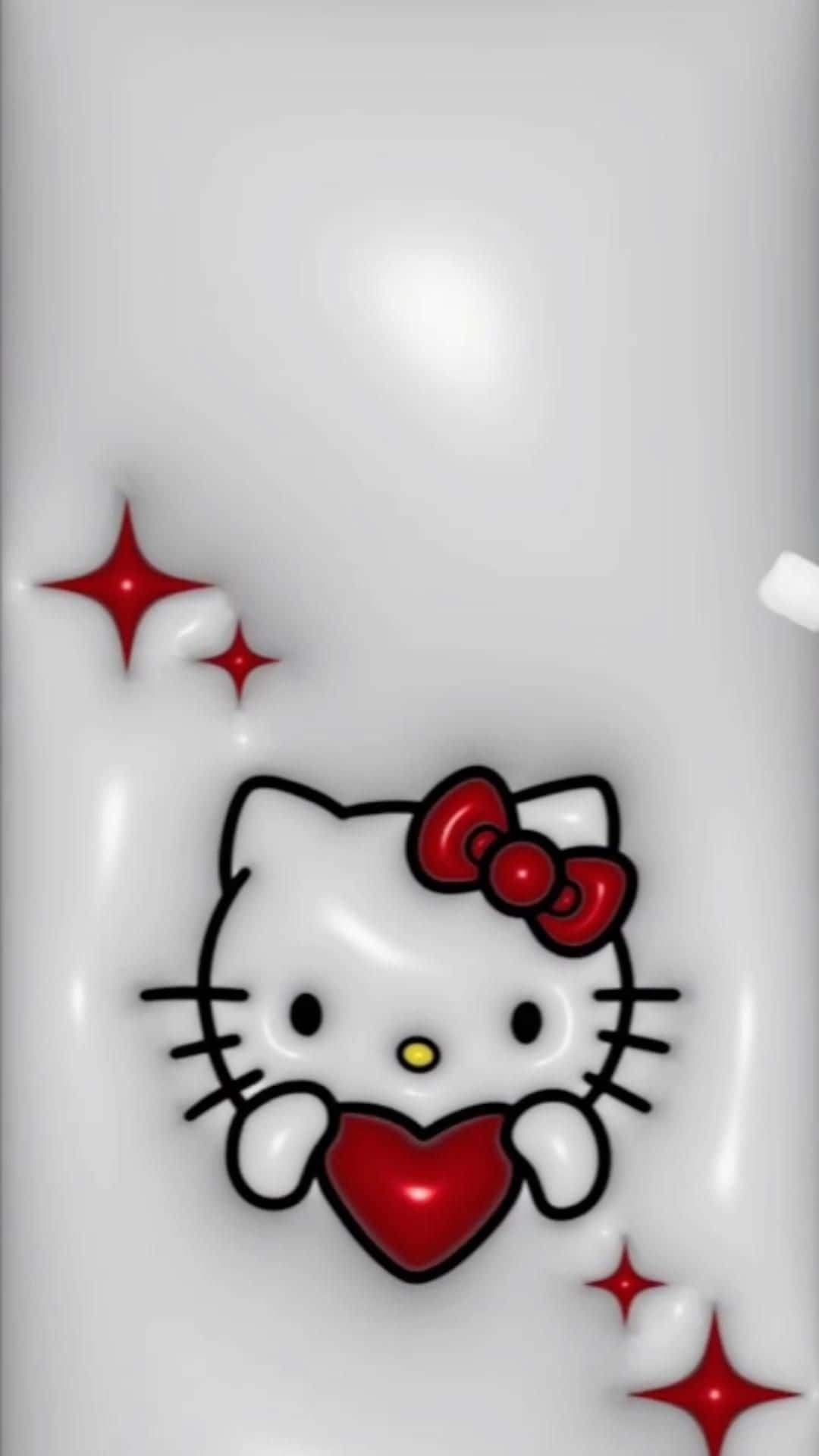  壁紙 — Hello Kitty 在光滑白色背景前手持一個閃亮的紅色心形，帶有閃光效果。