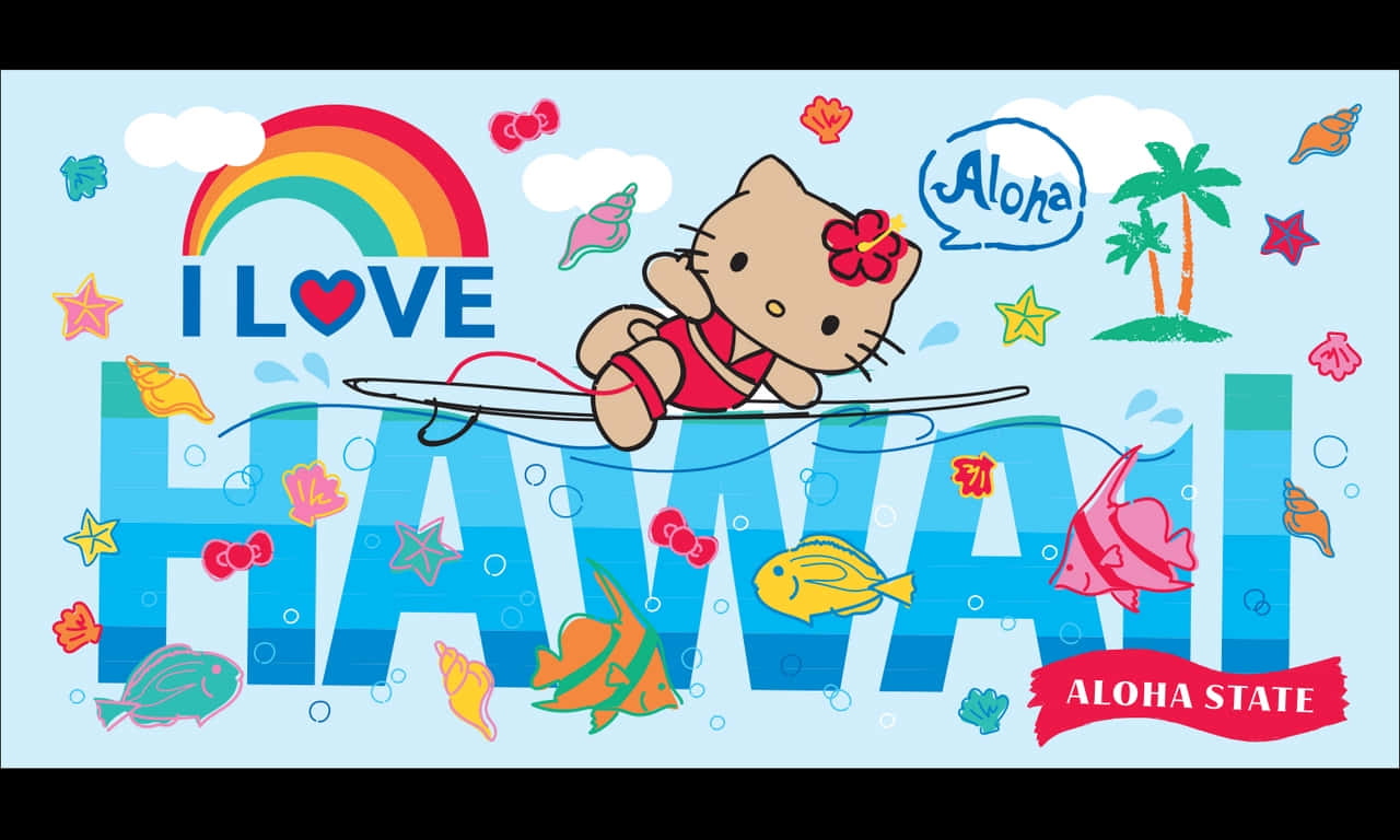  壁紙 — Hello Kitty 在 HAWAII 字樣上方衝浪，周圍有魚殼和彩虹，在藍天下。