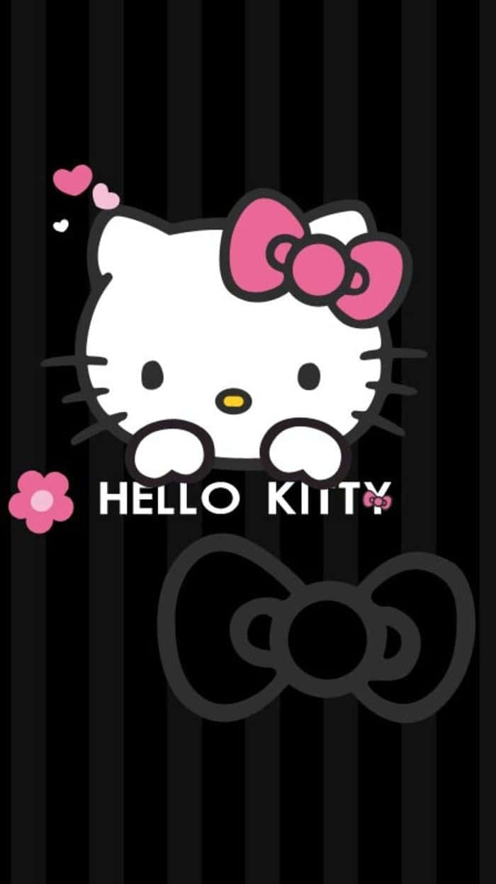 Hello Kitty 卡通角色，粉紅色蝴蝶結，黑色條紋背景。 — Hello Kitty 壁紙