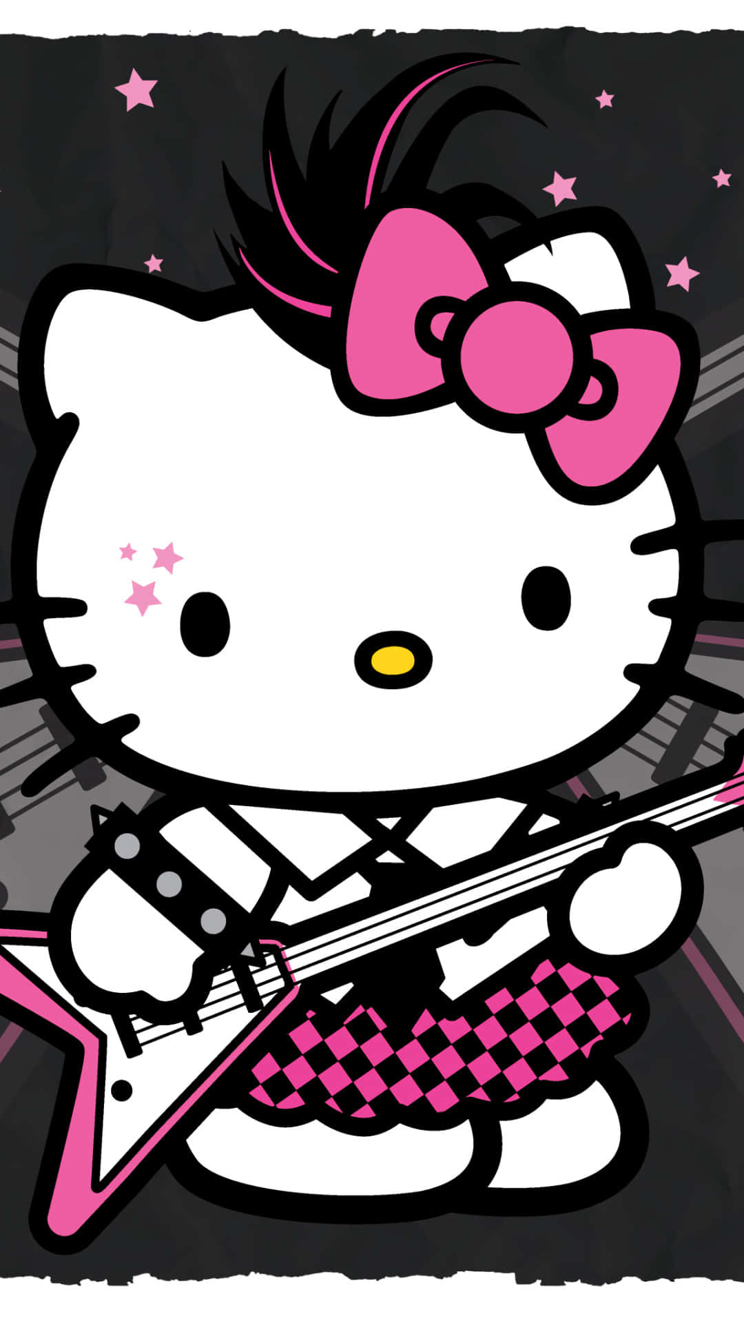  壁紙 — Hello Kitty 在星空背景下彈奏粉紅色電吉他，穿著格紋裙，風格大膽卡通。