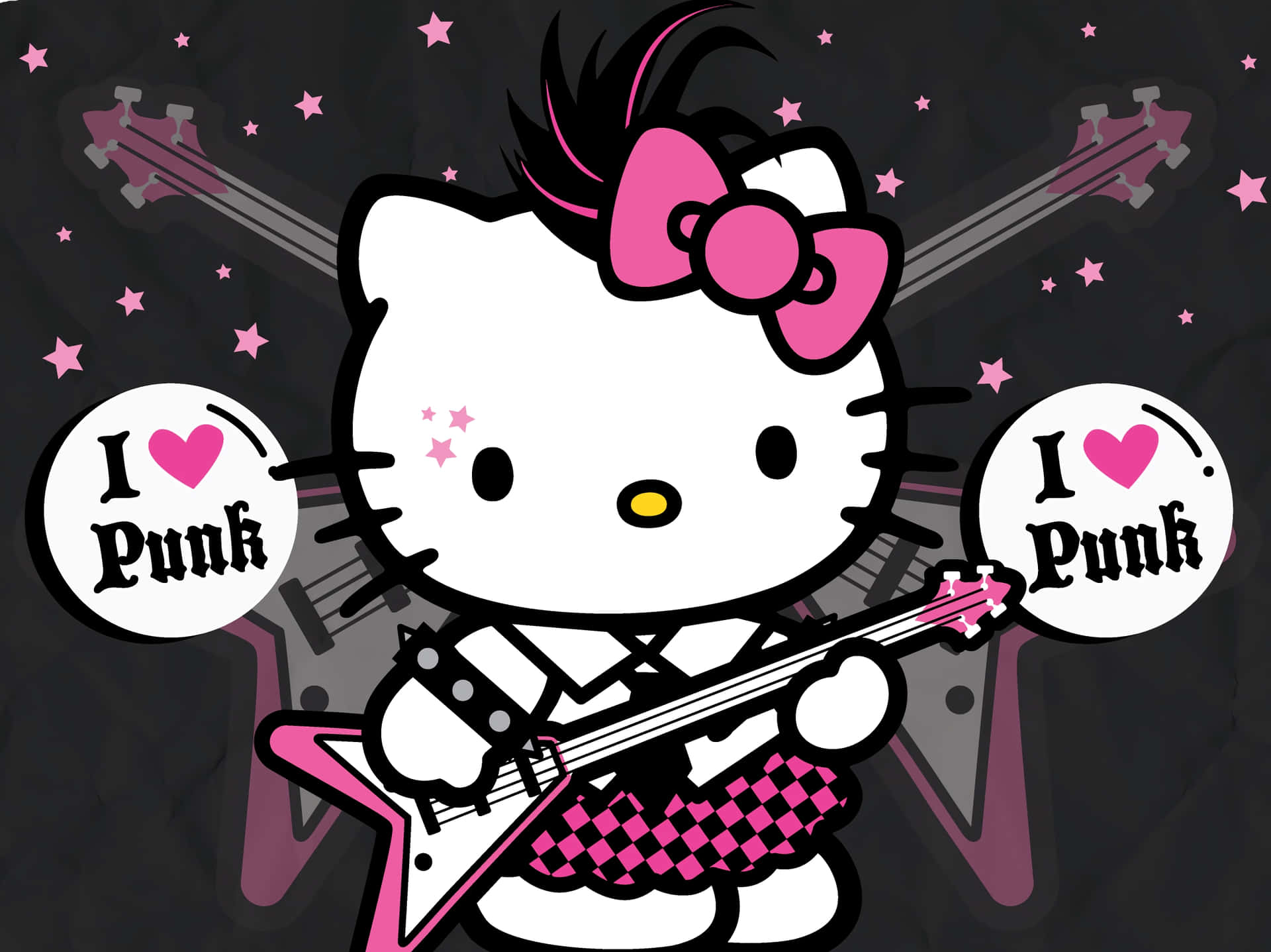  壁紙 — Hello Kitty 在星空黑暗背景下彈奏粉紅色電吉他，並帶有「I Love Punk」標誌。