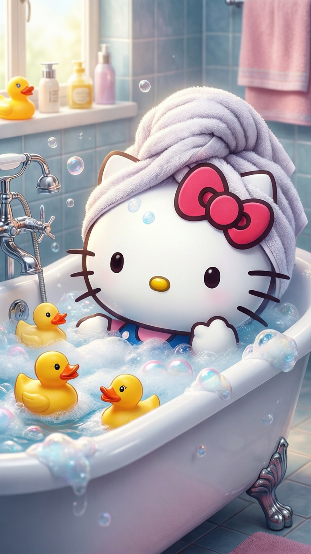 Hello Kitty 桌布 壁紙 — Hello Kitty 在一個粉彩色的浴室裡，享受著泡泡浴，旁邊有橡膠鴨子，牆壁鋪了瓷磚，窗戶透入光線。