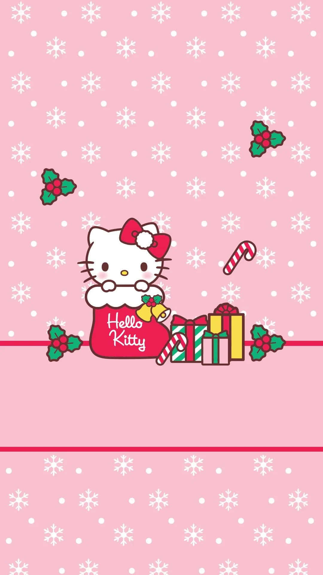  壁紙 — Hello Kitty 在一個紅色袋子裡，周圍有禮物、拐杖糖和冬青，背景是粉紅色雪花。