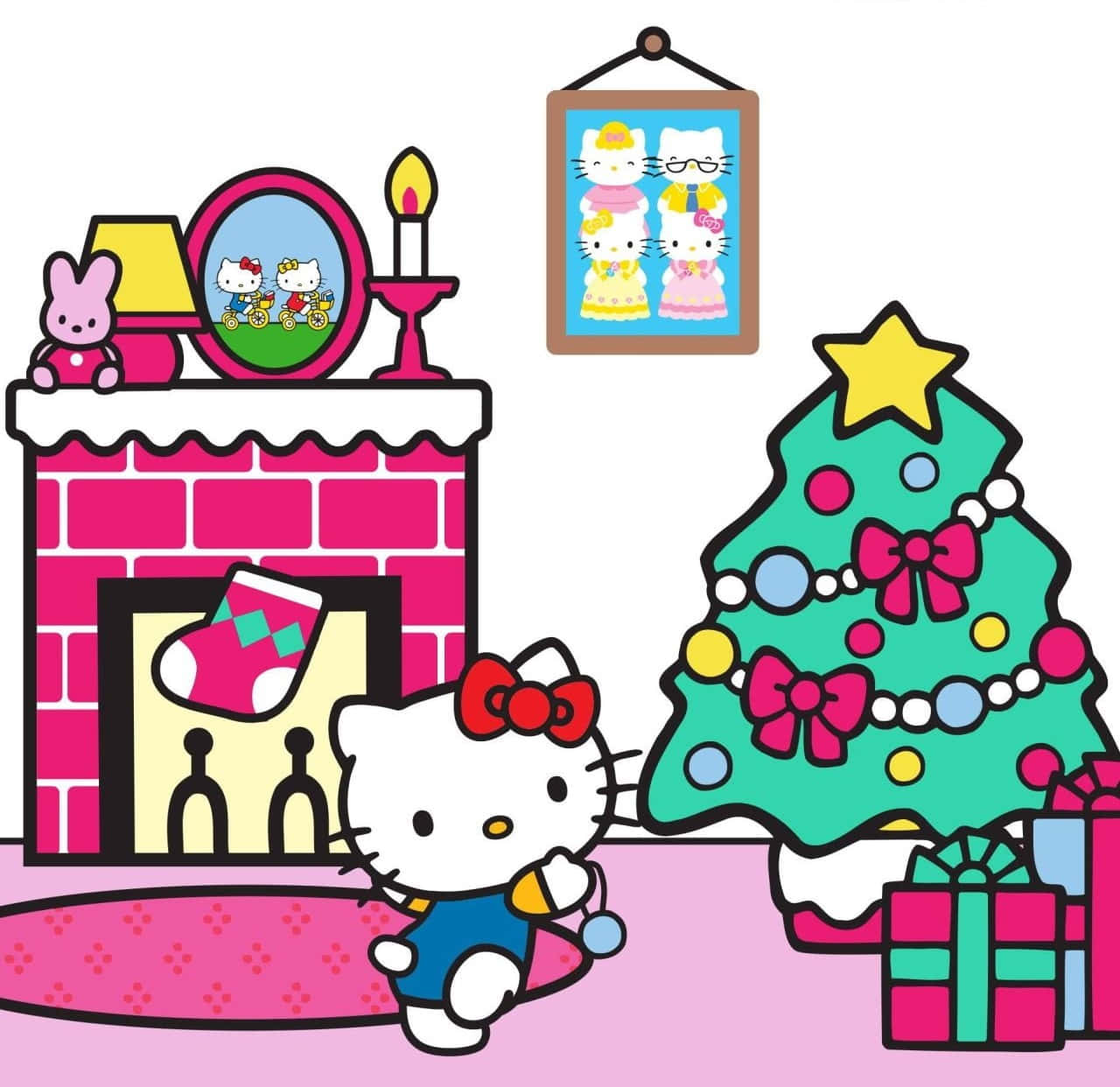 Hello Kitty 在一個粉紅色房間裡，有聖誕樹和壁爐。 — Hello Kitty 壁紙